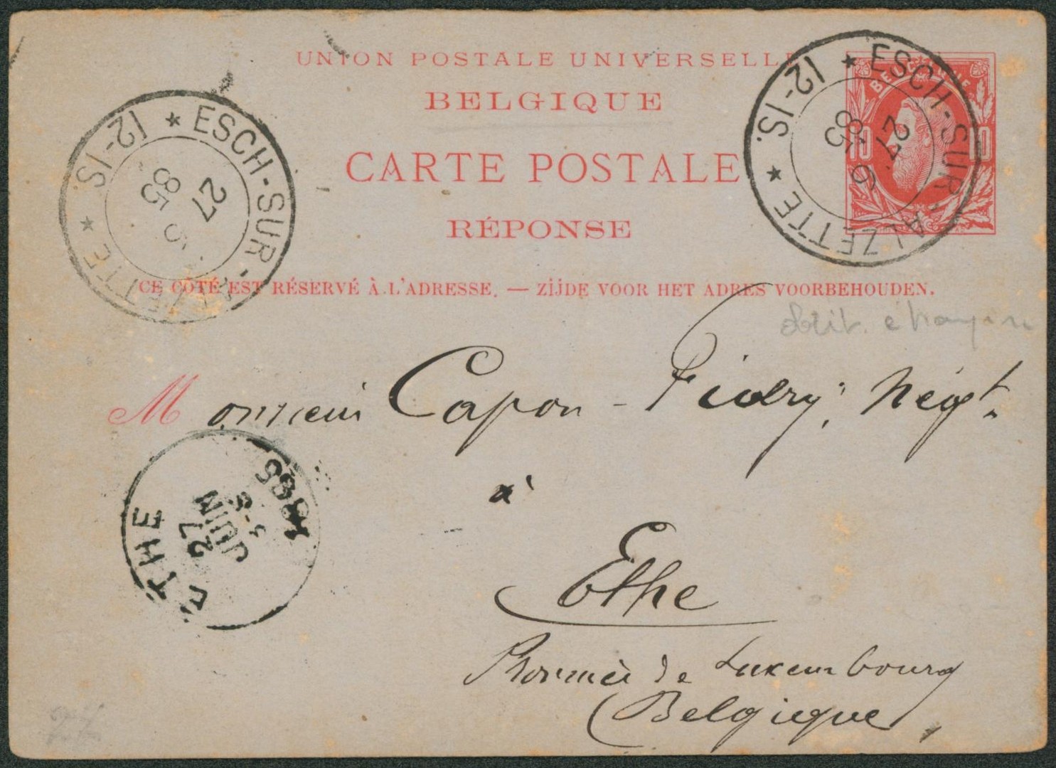 Ep (réponse) au type 10ctm rouge expédié de Esch-Sur-Alzette (Luxembourg) > Ethe