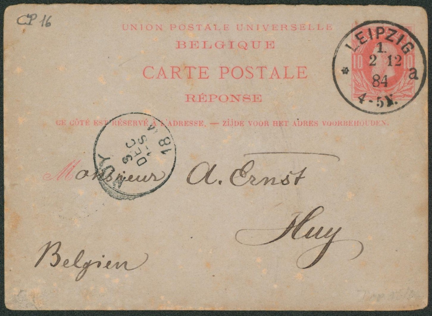 Ep (réponse) au type 10ctm rouge expédié de Leipzig (Allemagne) > Huy.