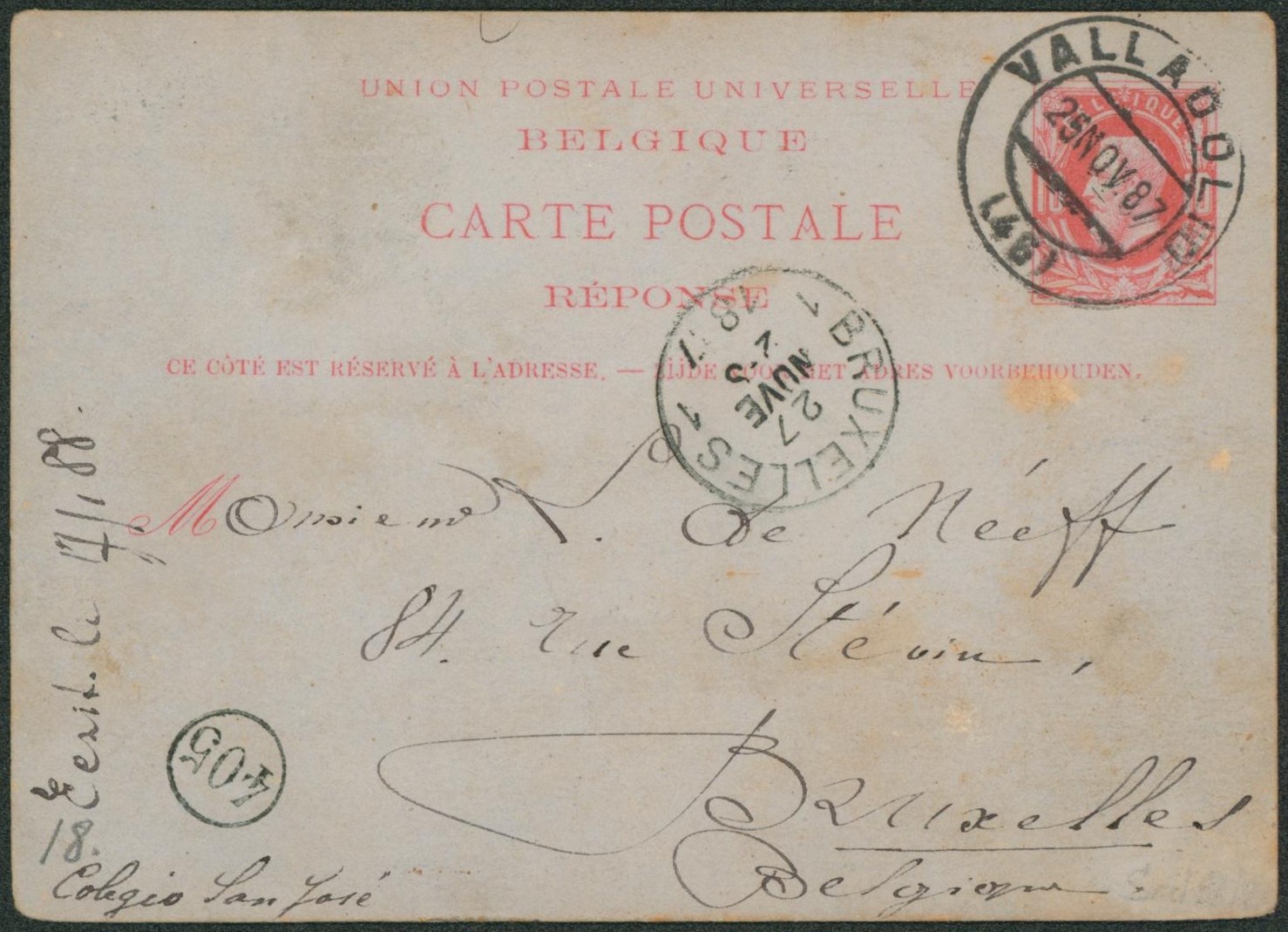 Ep (réponse) au type 10ctm rouge expédié de Valladolid (Espagne) > Bruxelles