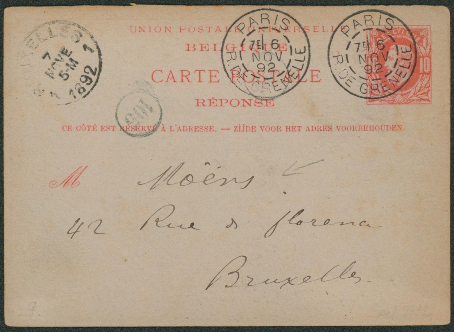 Ep (réponse) au type 10ctm rouge expédié de Paris / R. De grenelle > Bruxelles, J.B. Moens marchand de timbres.