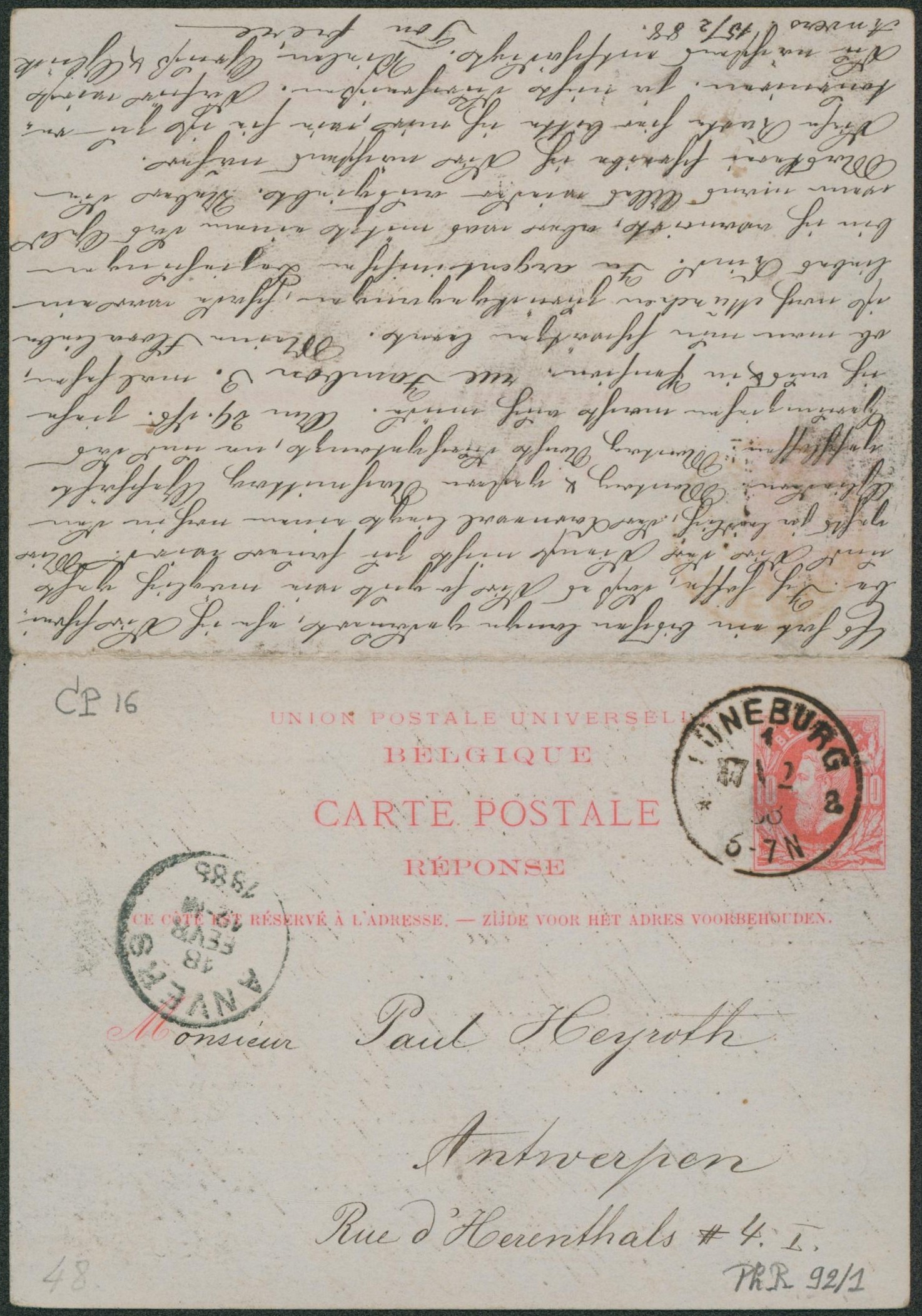 EP (double) au type 10ctm rouge expédié de Anvers (Bassins) > Luneberg (Allemagne) + réponse. Complet, TB