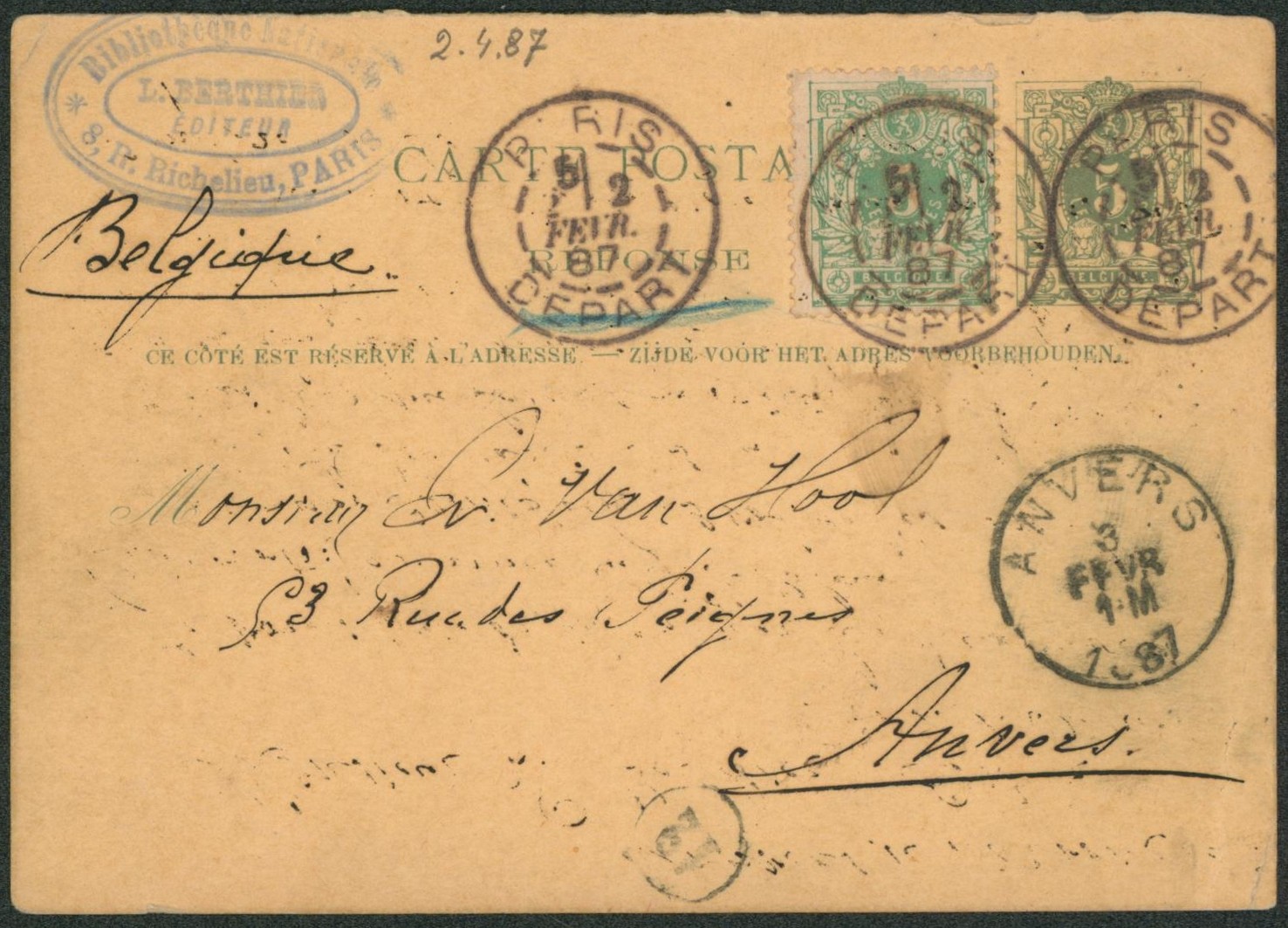 EP au type 5ctm vert + n°45 (partie réponse) de Paris / départ > Anvers