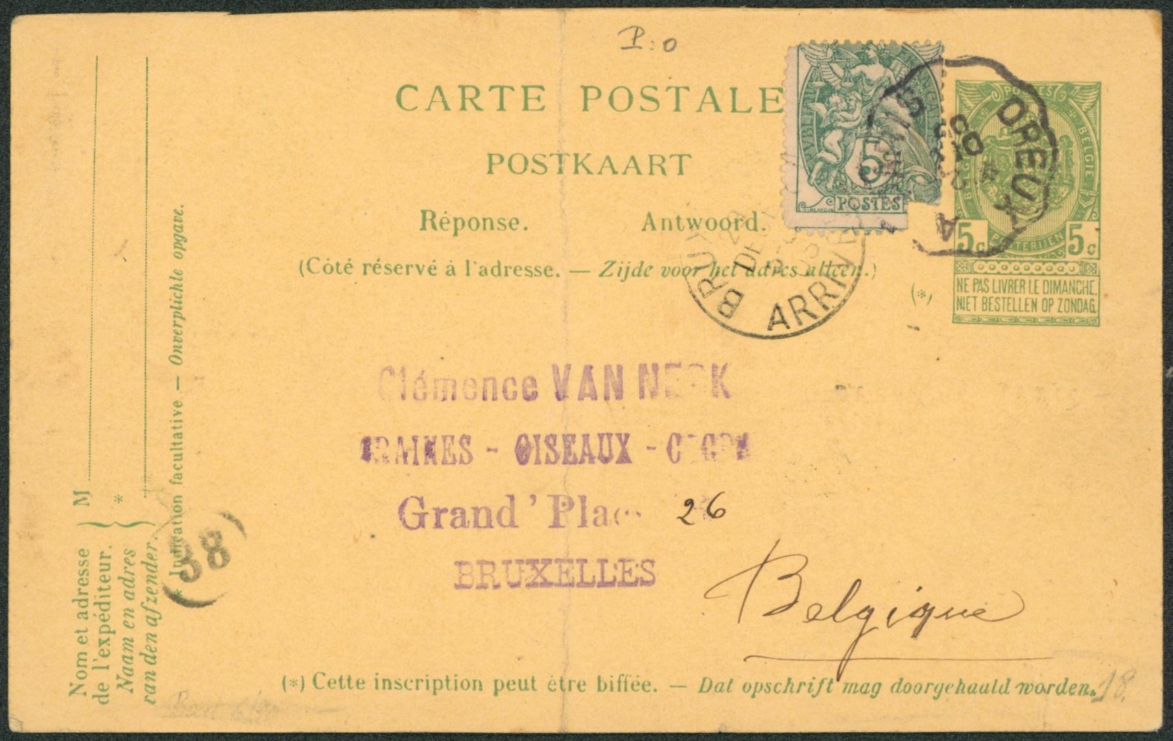 EP au type 5ctm vert (réponse) + type blanc 5C vert touché obl convoyeur "Dreux à Paris" > Bruxelles. Plié en deux !