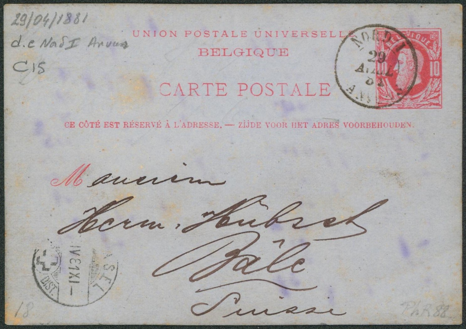 EP au type 10ctm rouge obl ambulant double cercle "Nord I / Anvers" > Bâle (Suisse).