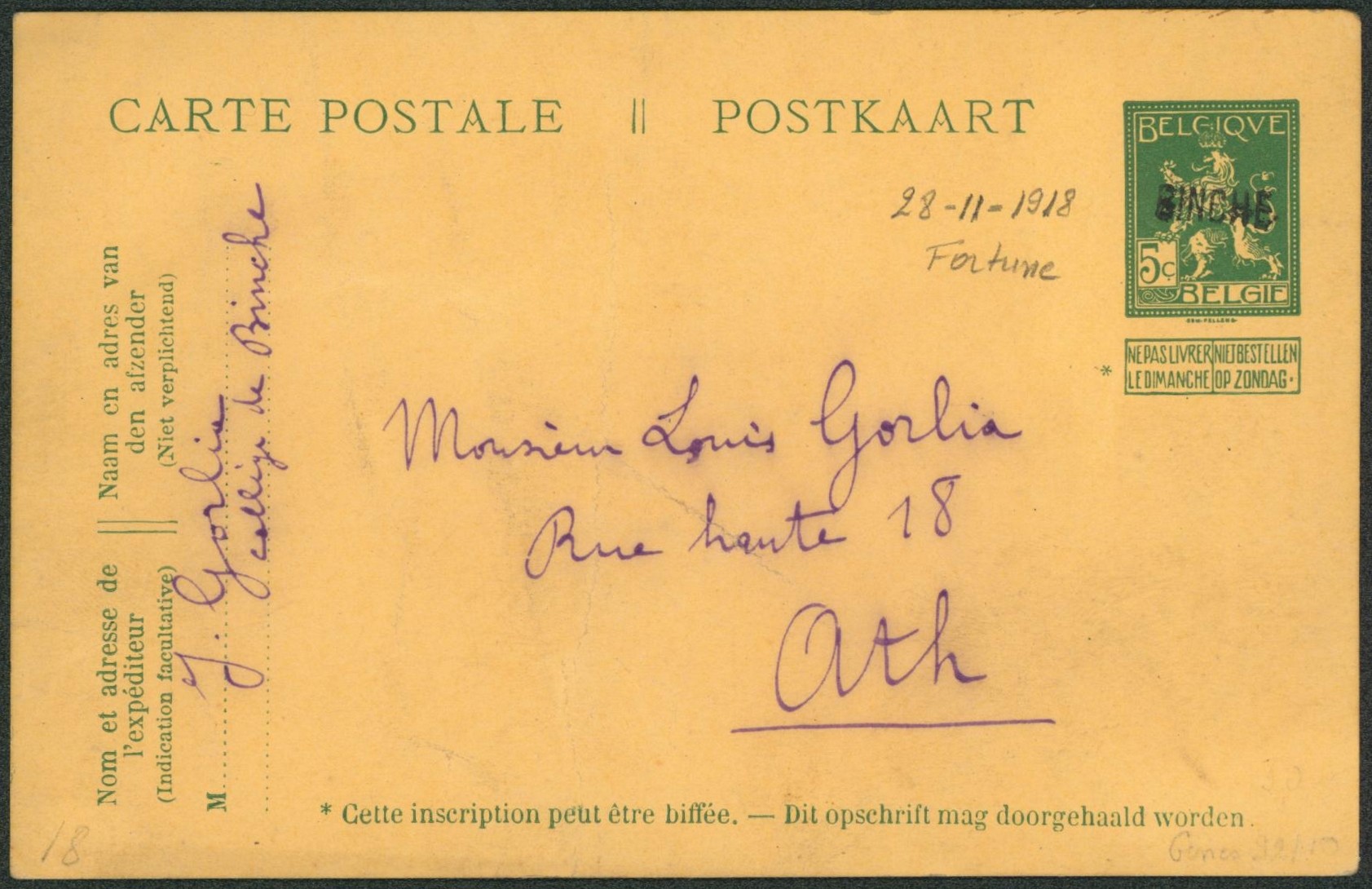 EP au type 5ctm vert Pellens annulé par griffe de fortune BINCHE > Ath