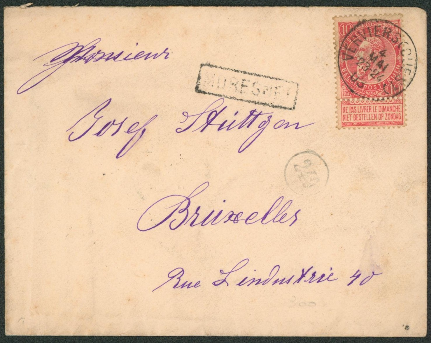 n°58 sur lettre obl simple cercle "Verviers (ouest)" + griffe à l'origine MORESNET > Bruxelles