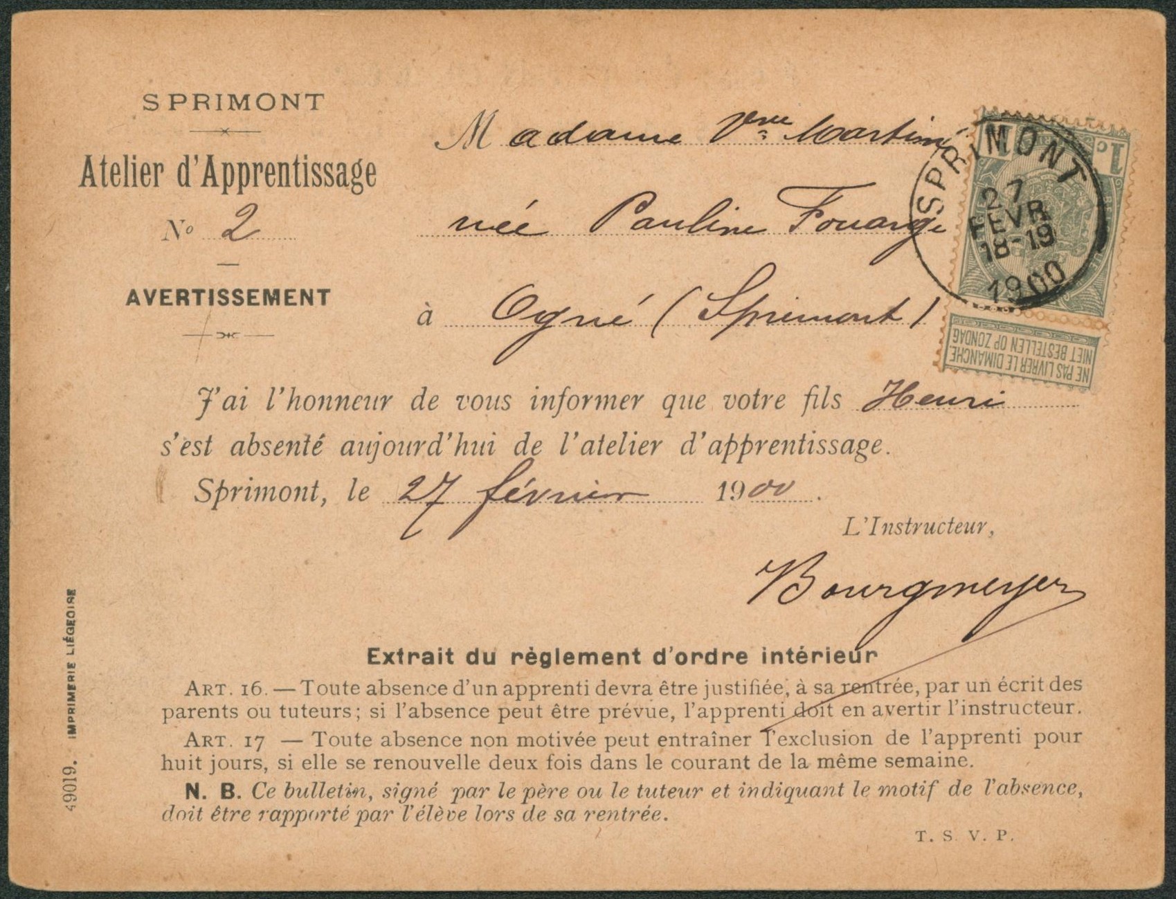 n°53 sur imprimé (Sprimont, atelier d'apprentissage) > Ognée, absence.