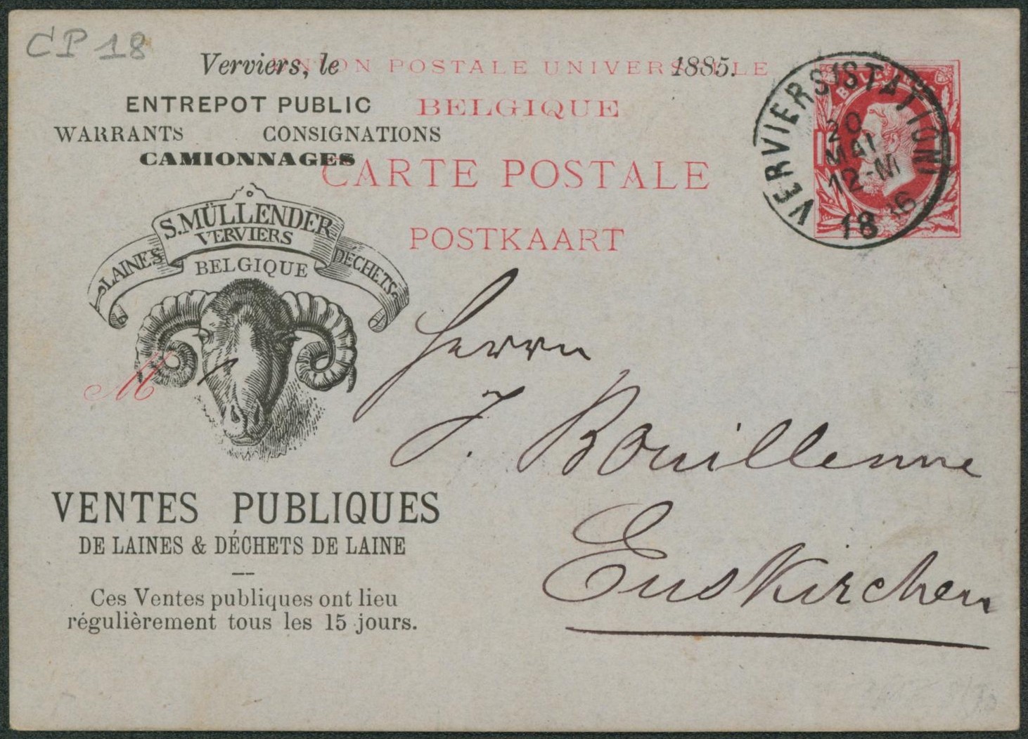 EP au type 10ctm rouge (SBEP n°18) expédié de Verviers + repiquage "Ventes publiques de laines & déchets de laines" > Euskirchen