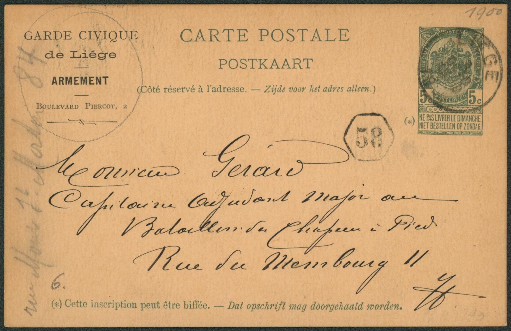Ep au type 5ctm vert expédié de Liège + repiquage "Garde civique de Liège, Armement" > La ville