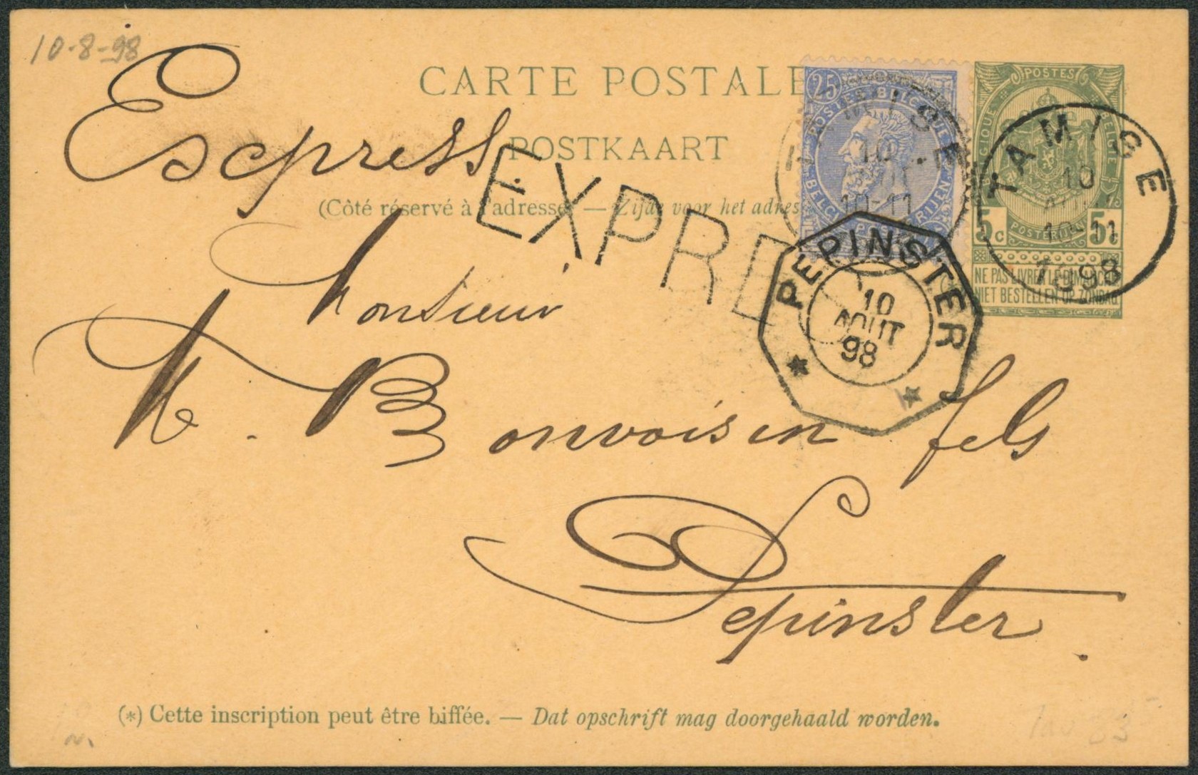 EP au type 5ctm vert + n°60 en expres de Tamise > Pepinster çàd obl télégraphique.