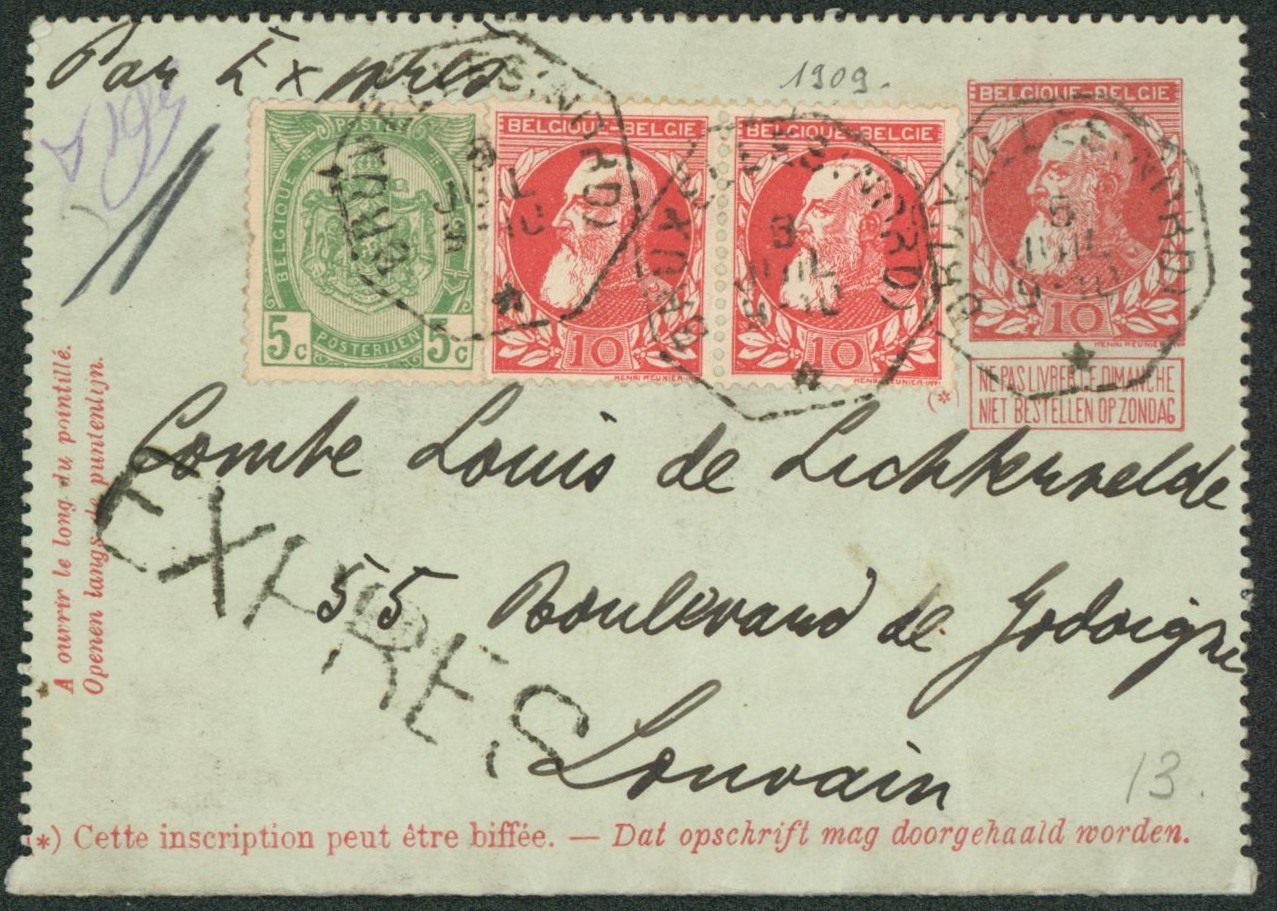 EP au type CL 10ctm rouge + n°74 x2 et 83 en expres obl télégraphique "Bruxelles (Nord)" > Louvain