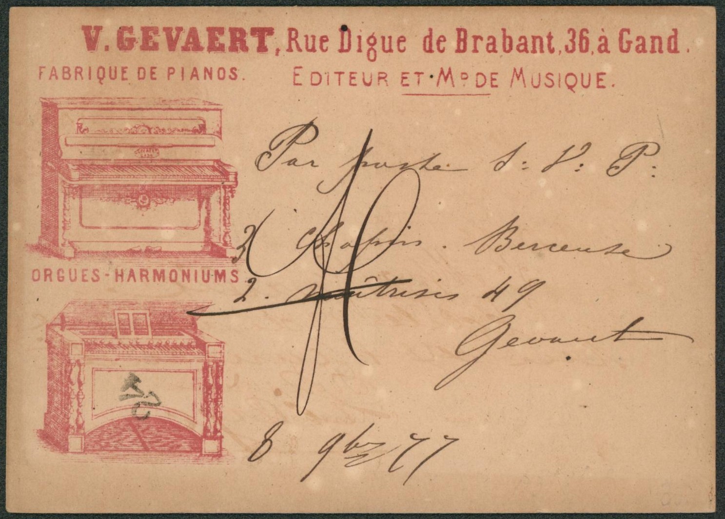 EP au type 5ctm mauve obl double cercle "Gand" + Repiquage "V. Gevaert, fabrique de pianos" > Liège