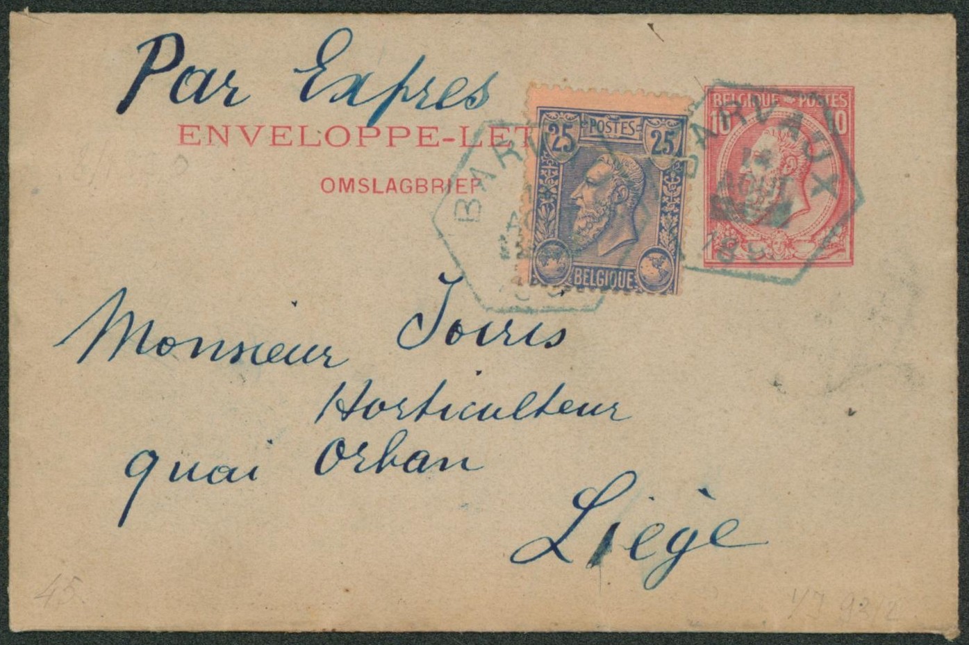 EP au type enveloppe-lettre 10ctm rose + n°47 en expres çàd obl chemin de fer (Hexagonal, bleu) "Barvaux" > liège. Rare !