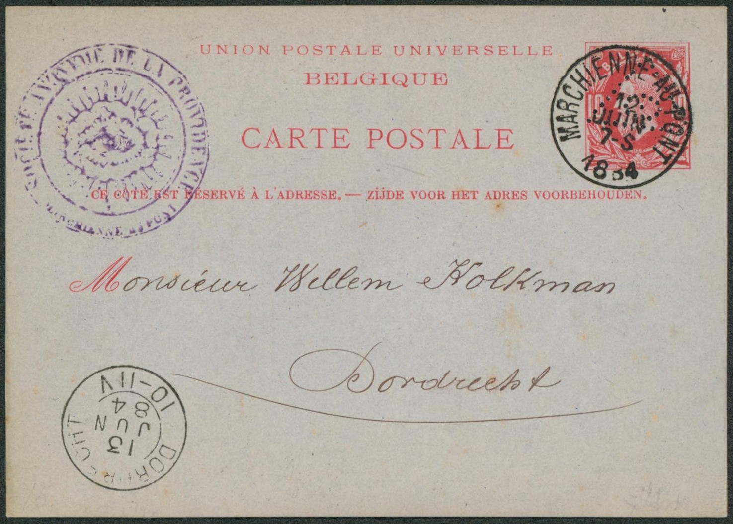 EP au type 10ctm rouge + perforation de firme (type franc-maçonnerie) + cachet privé, expédié de Marchienne-au-pont > Dordrecht (Pays-Bas)