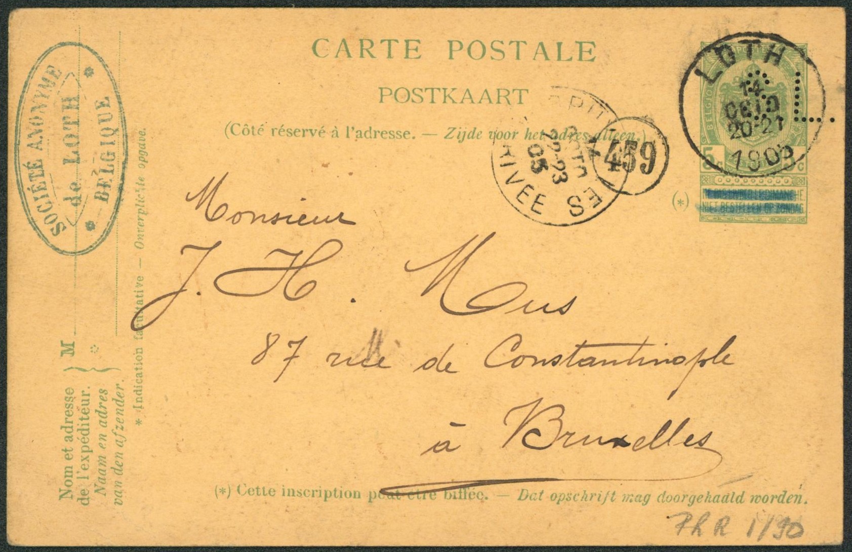EP au type 5ctm vert + perforation de firme "S.L." (Sociétée de Loth), expédié de Loth > Bruxelles.
