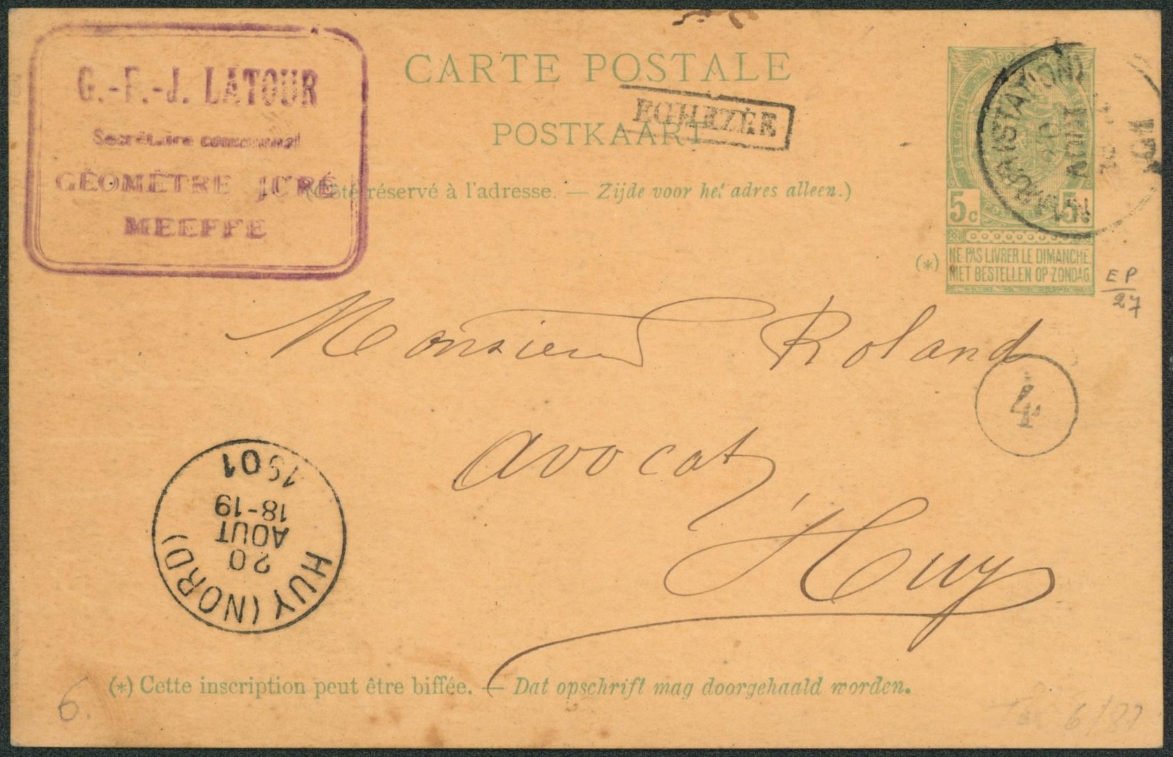 EP au type 5ctm vert obl simple cercle "namur (station)" + griffe à l'origine Eghezée > Huy