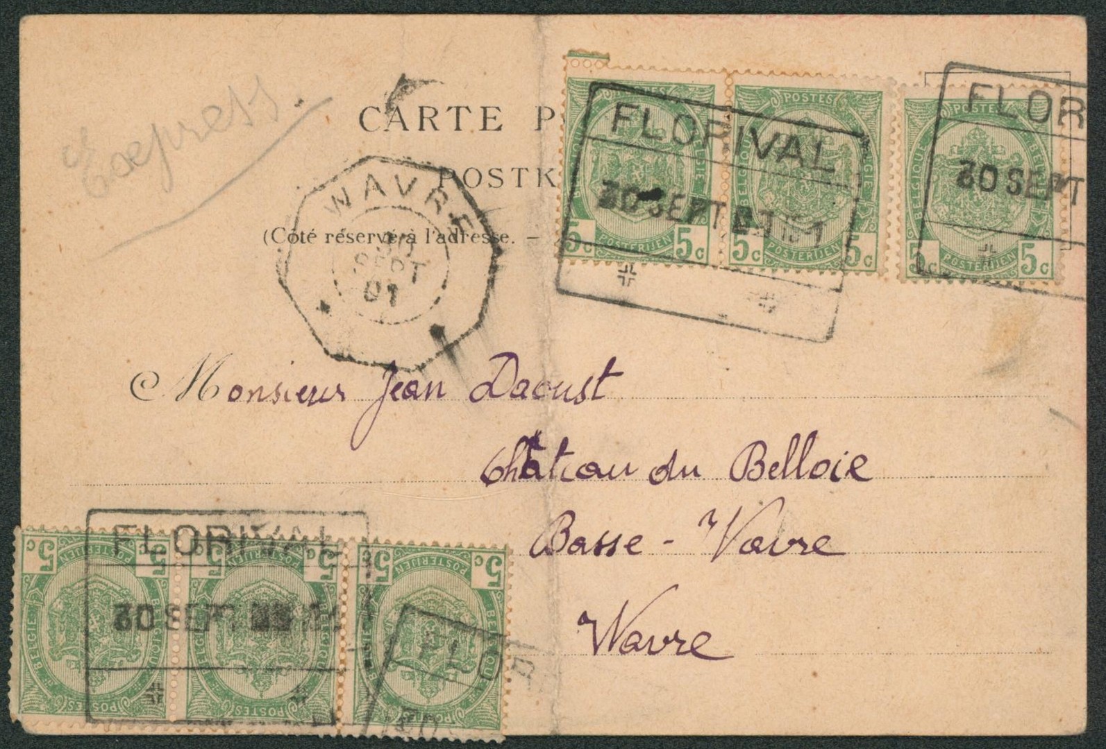 n°56 x6 sur CP en expres (plié en deux) çàd obl chemin de fer FLORIVAL > Wavre çàd arrivée obl télégraphique / Chocolat