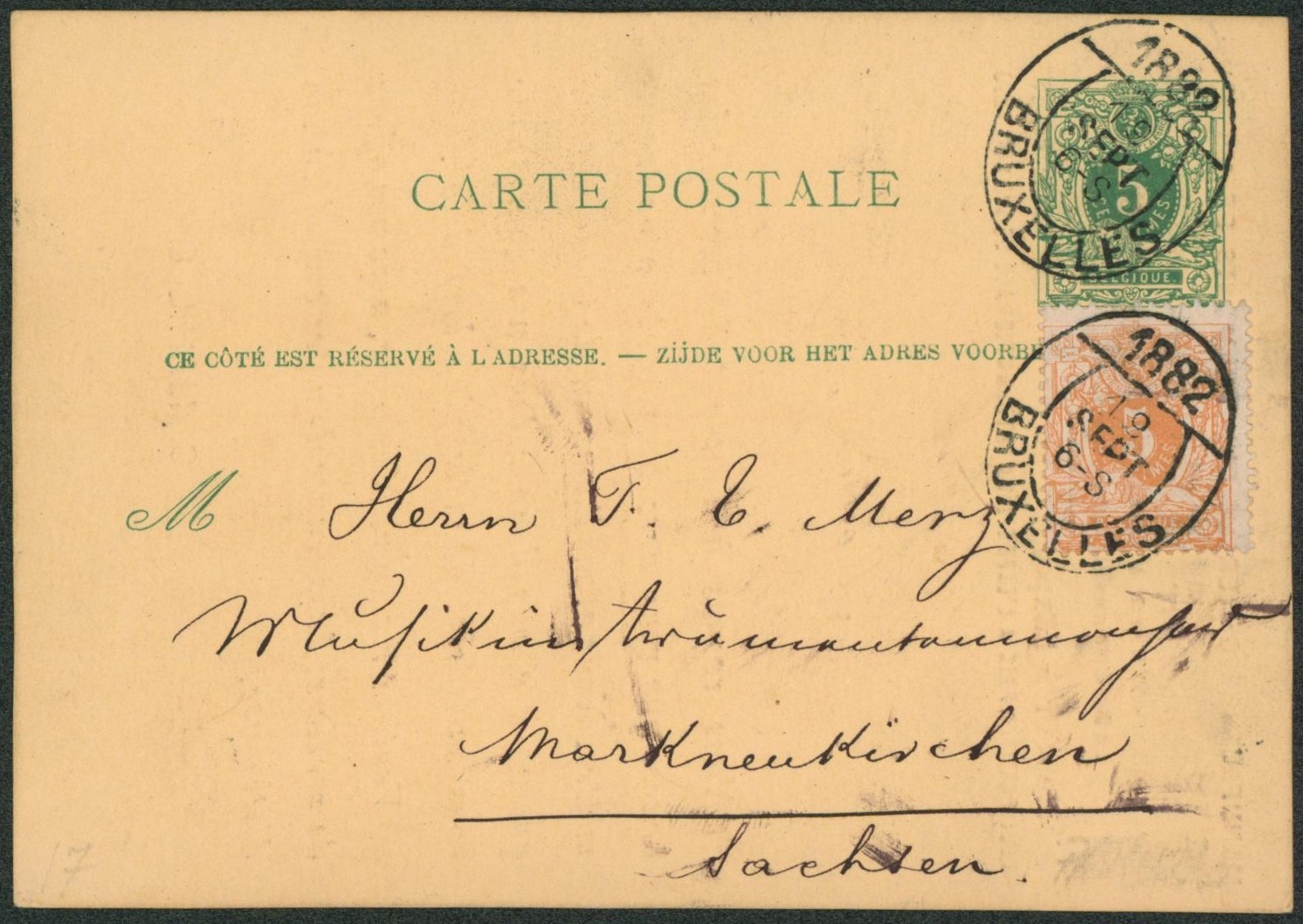 EP au type 5ctm vert + n°28 cachet pour imprimé en hellipse "Bruxelles" (Manufacture générale d'instruments de musique) > Sahcsen (Allemagne)