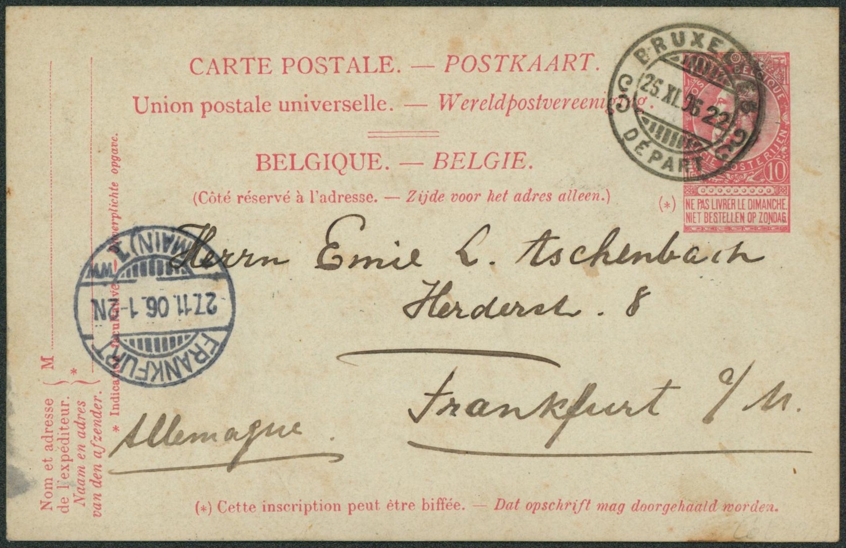 EP au type 10ctm rouge + cachet temporaire type DC fléron "Bruxelles / Départ" > Frankfurt (Allemagne)