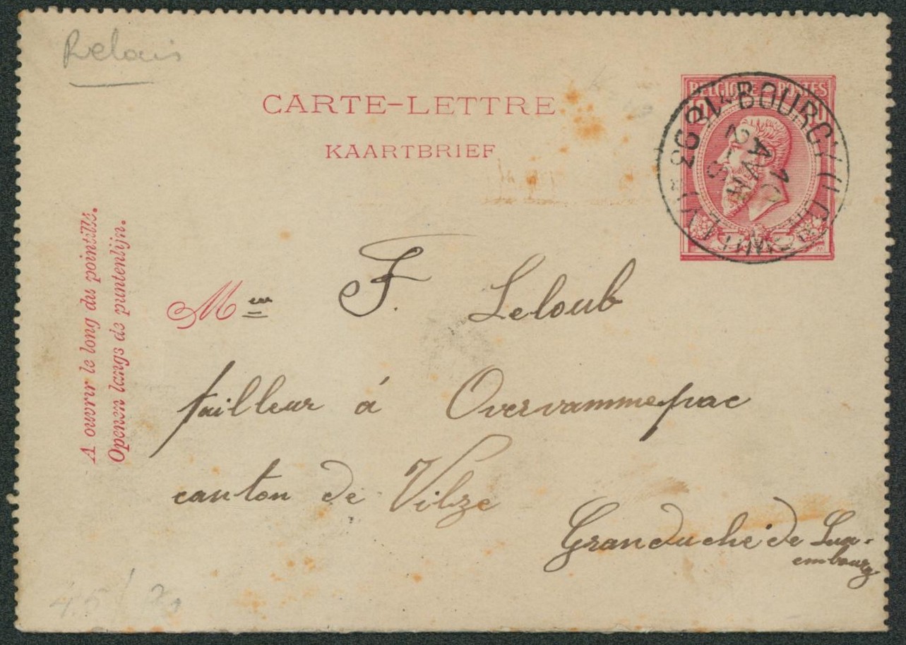 EP au type CL 10ctm rose obl relais "Bourcy (longwilly)" > Canton de Vilze (Grand duché)