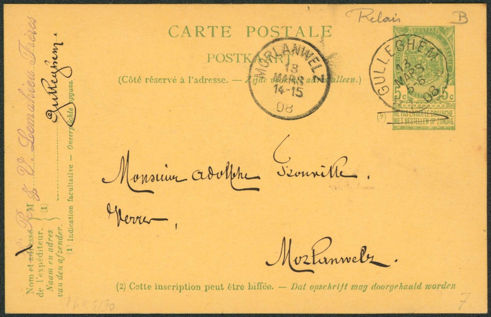 EP au type 5ctm vert obl relais "Gulleghem" > Morlanwelz