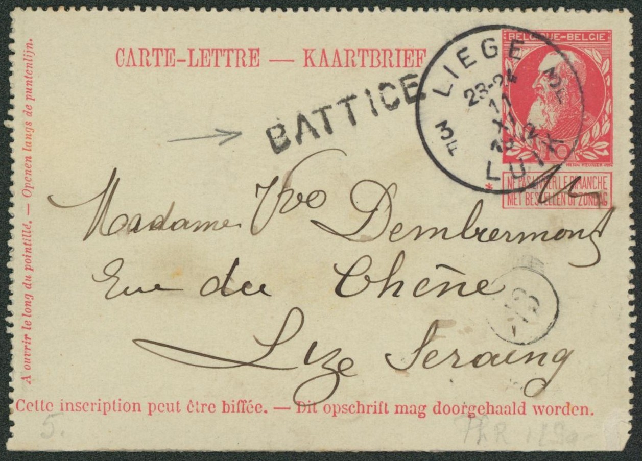EP au type CL10ctm rouge expédié de Liège + griffe à l'origine BATTICE > Lize (seraing)