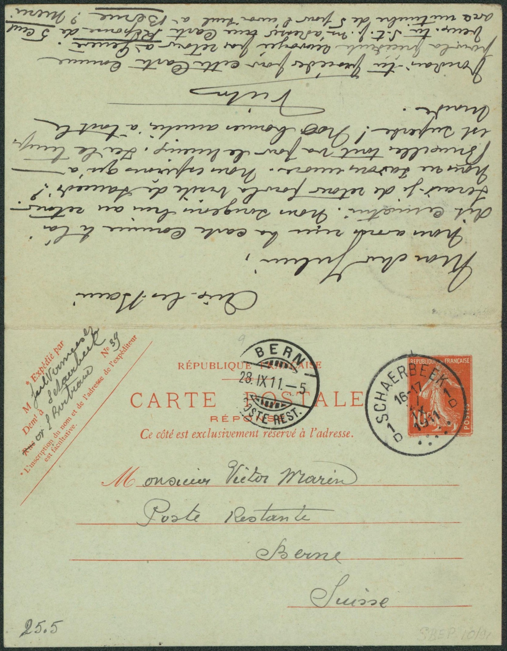France - EP semeuse 15C rouge (double) expédié de Gare d'aix les bains > Bruxelles + réponse çàd expédié de Schaerbeek > Berne (Suisse). Complet, TB état