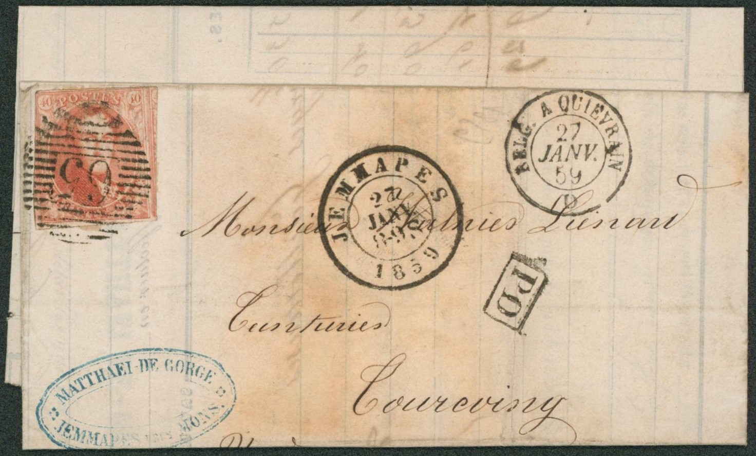 n°12A (coin supérieur gauche au filet) sur LAC obl P65 çàd Jemappes > Tourcoing.