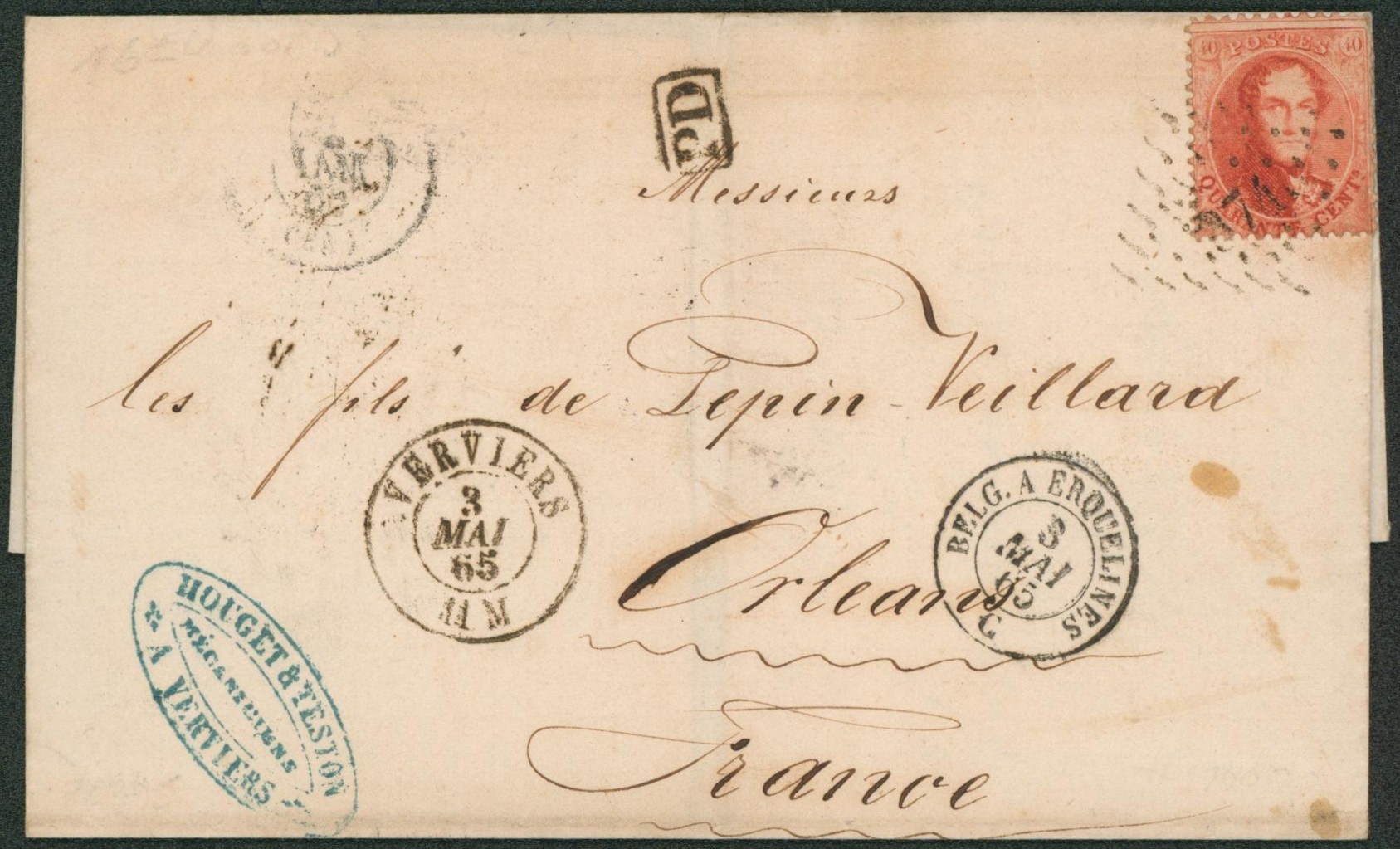 n°16 sur LSC obl Pt 374 çàd Verviers + cachet privé (mécanicien) > Orléans (France).