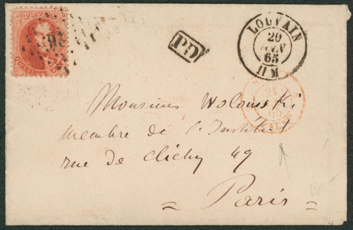 n°16 sur enveloppe obl Pt 226 çàd Louvain > Paris. Passage "France par Midi 1"