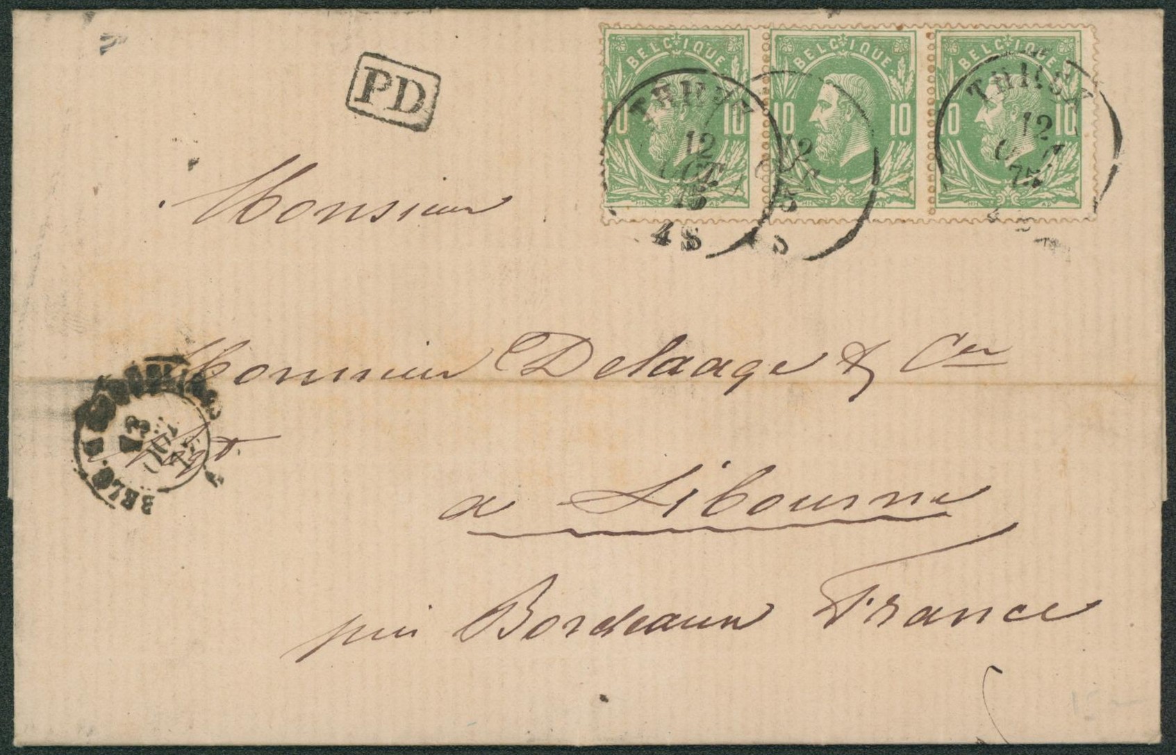 n°30 en bande de 3 sur LAC (Origine Hodbômont) obl double cercle "Thuin" > Libourne (France).