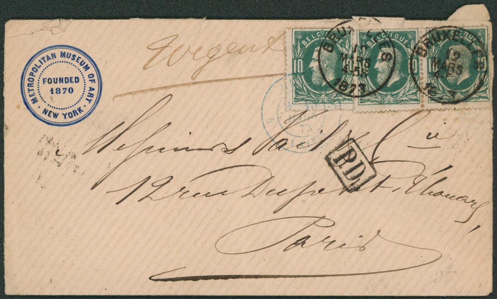 n°30 x3 sur enveloppe obl simple cercle "Bruxelles" > Paris / Metropol musuem of art