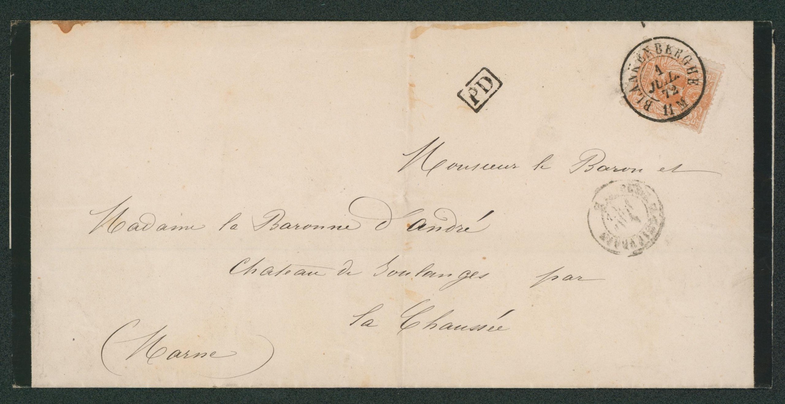 n°28 sur LSC (décès, mortuaire) obl double cercle "Blanckenberghe" > Château de boulanges par la chaussée (France).