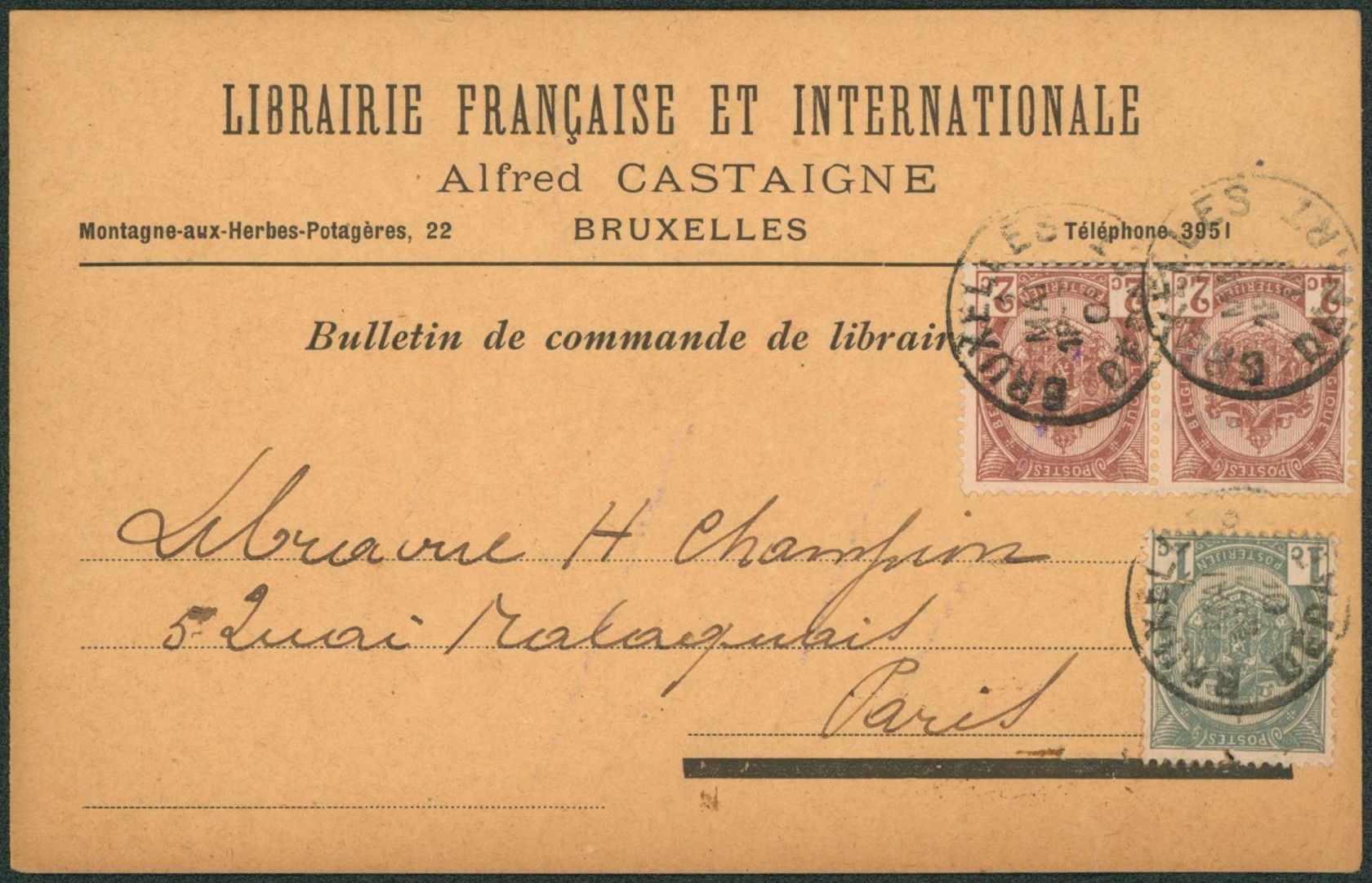 n°53 et 55 x2 sur CP imprimée (librairie) de Bruxelles > Paris