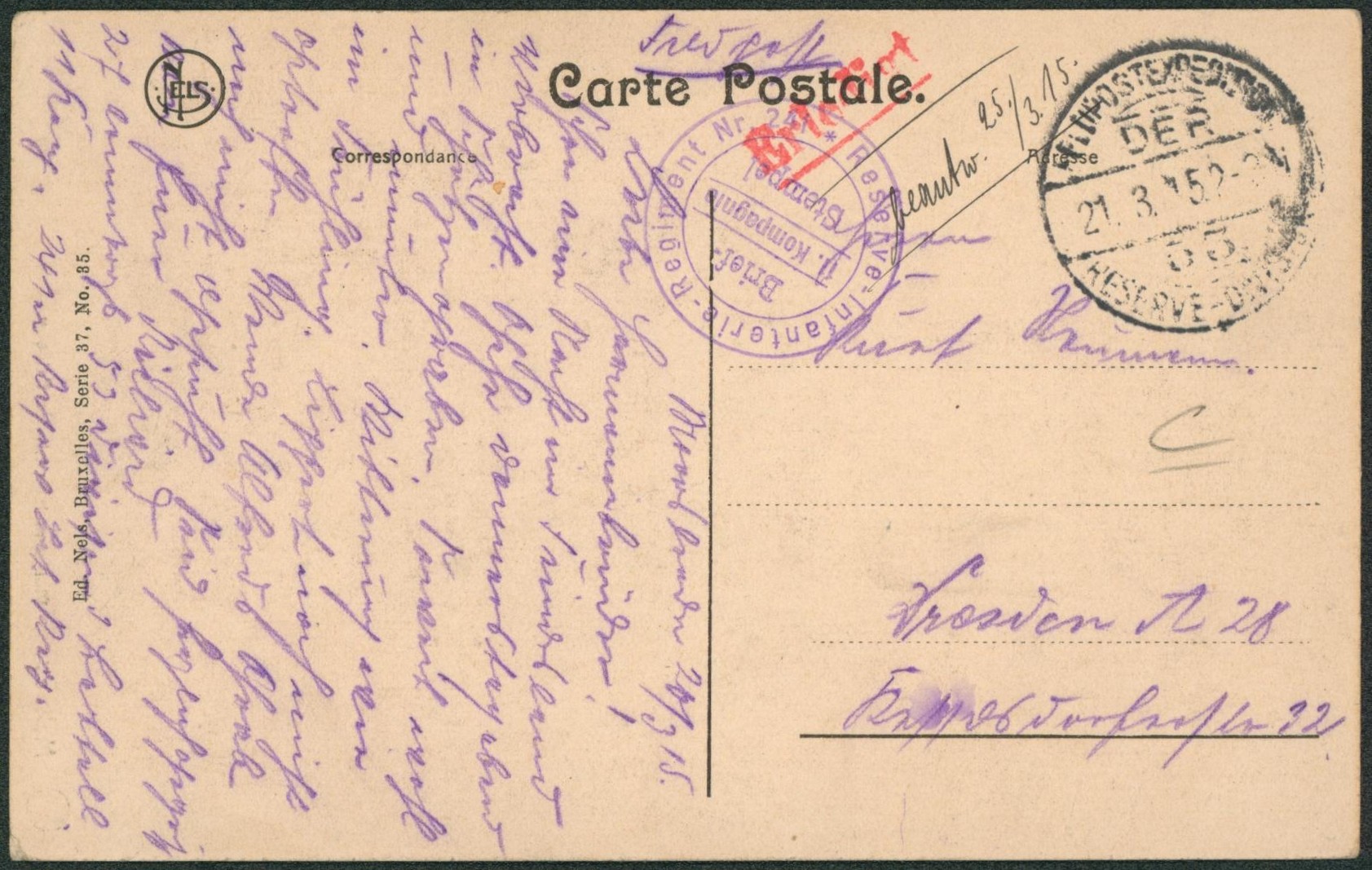 CP vue en feldpost (Malines) + briefstempel "infanterie-Regiment" > Dresden