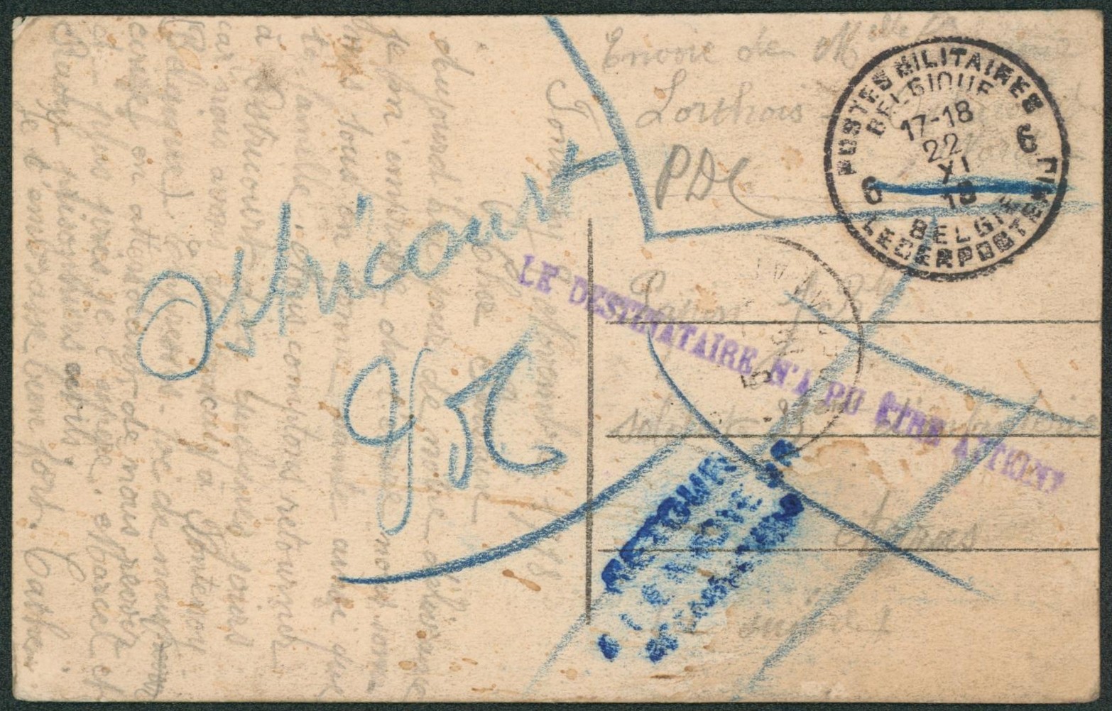 WWI - Envoi d'un militaire belge en France (Origine ?) obl P.M.B. 6 > destination caviardée. Griffe violette LE DESTINATAIRE N'A PU ETRE ATTEINT.