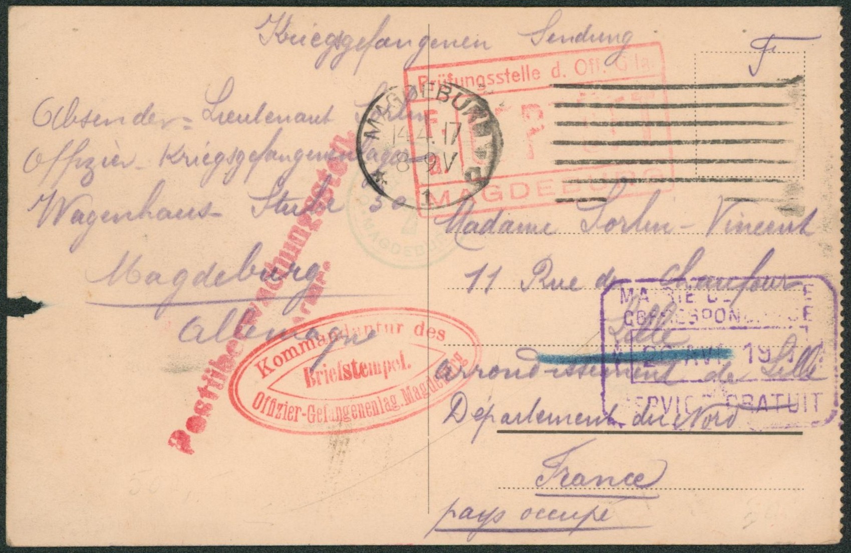 CP d'un Prisonnier de guerre au camp de Magdeburg > Lille + encadré "Mairie de Lille / Service gratuit".