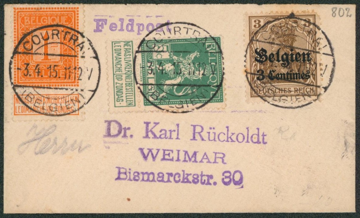 Affranch. Mixte (Pellens / OC) sur petite enveloppe feldpost obl à pont "Courtrai" > Weimar