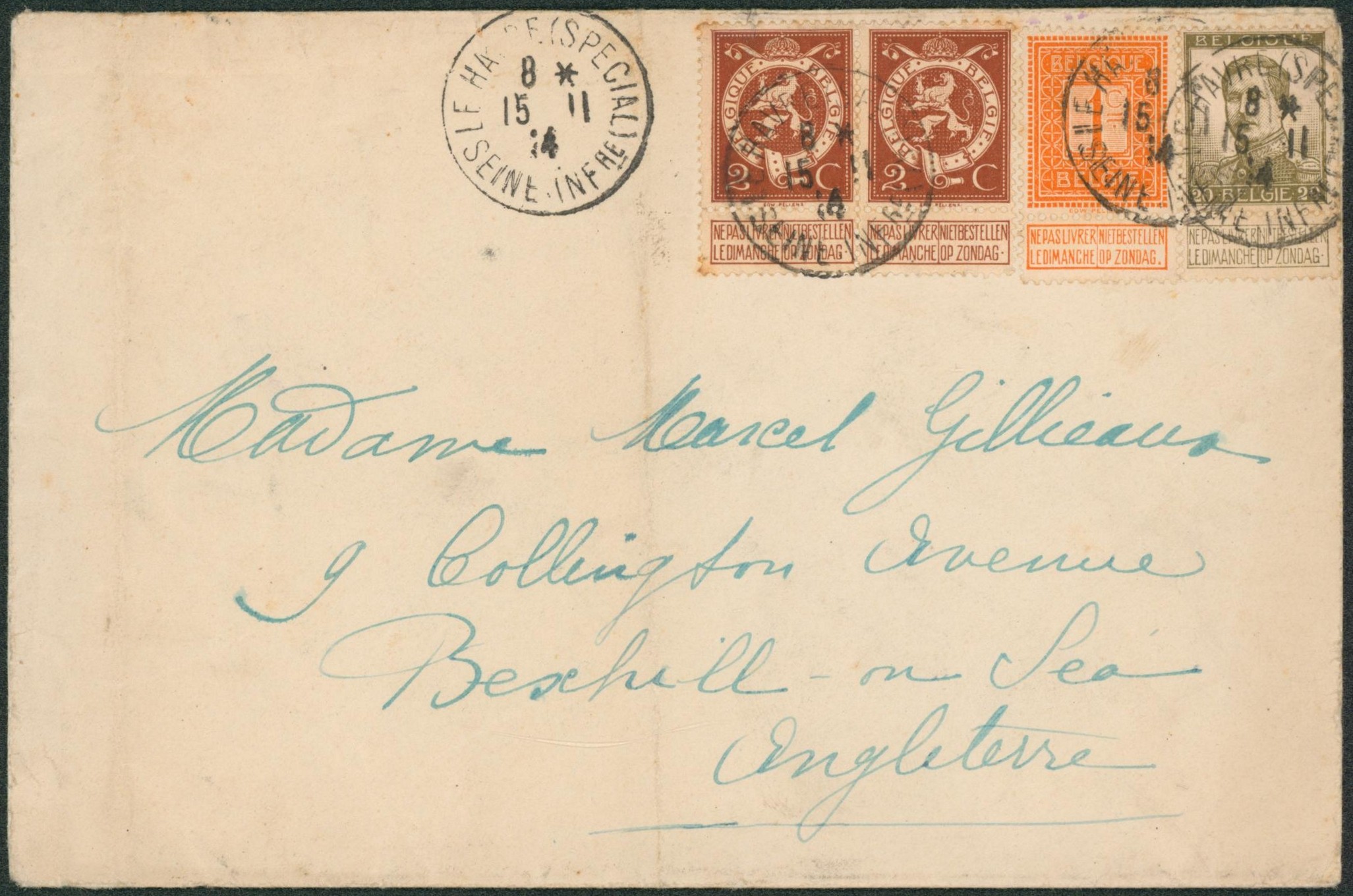n°108, 109 x2 et 124 sur lettre obl "Le havre (special)" > Bexhill-on-Sea (Angleterre).