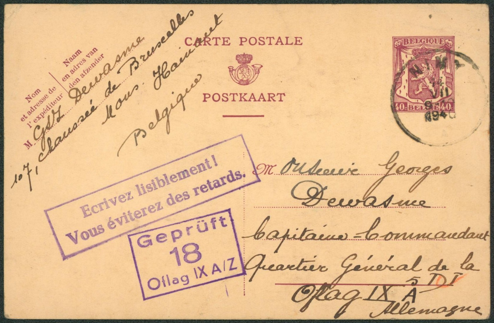 Ep au type 40ctm lilas expédié de Nimy > Quartier général de la Oflag IX A (Allemagne) + censure et encadré "écrivez lisiblement"