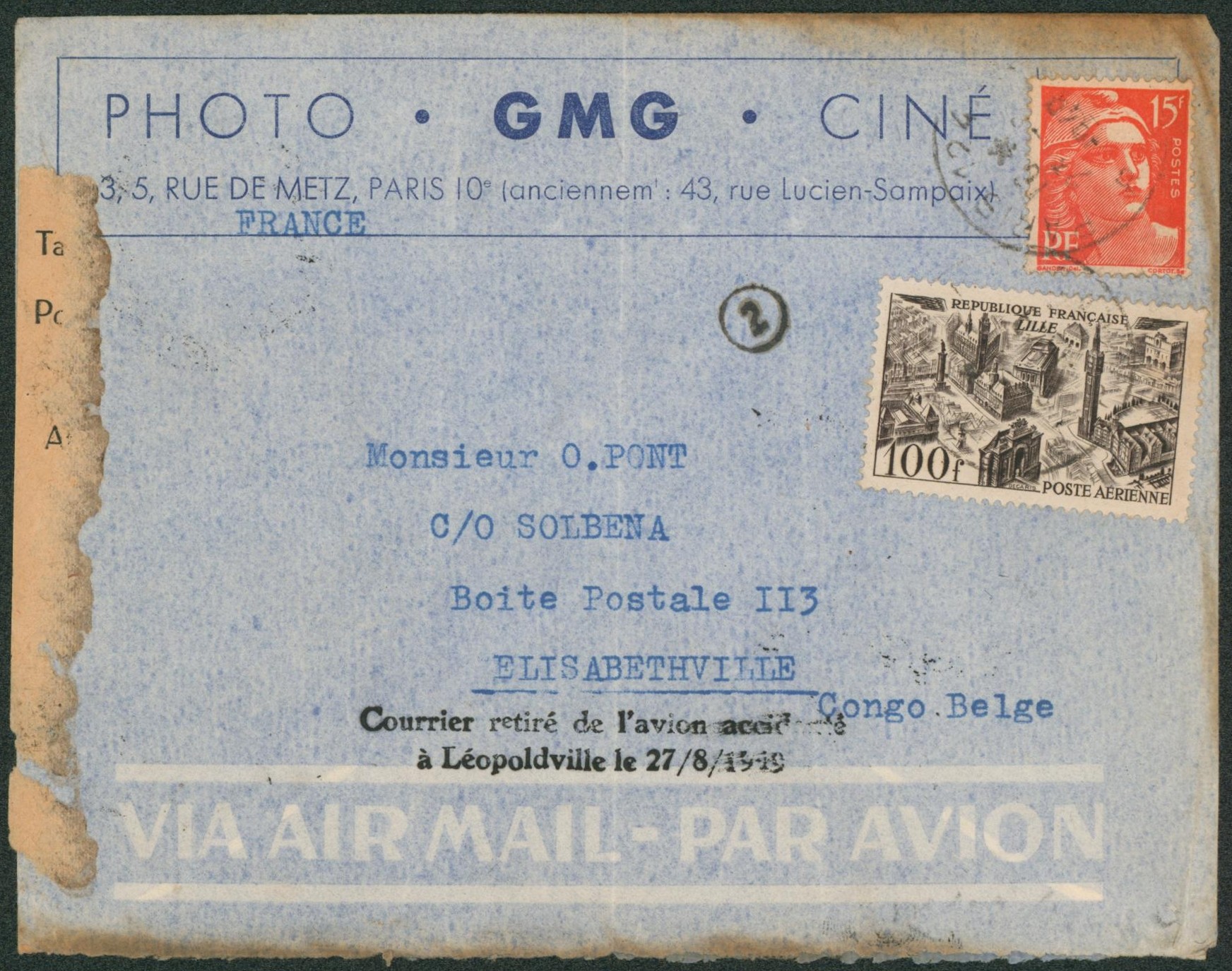 France - Affranch. Mixte sur lettre par avion (Accidenté, Courrier retiré de l'avion accidenté à Léopoldville 27/8/49) de Paris > Elisabethville (Congo Belge).
