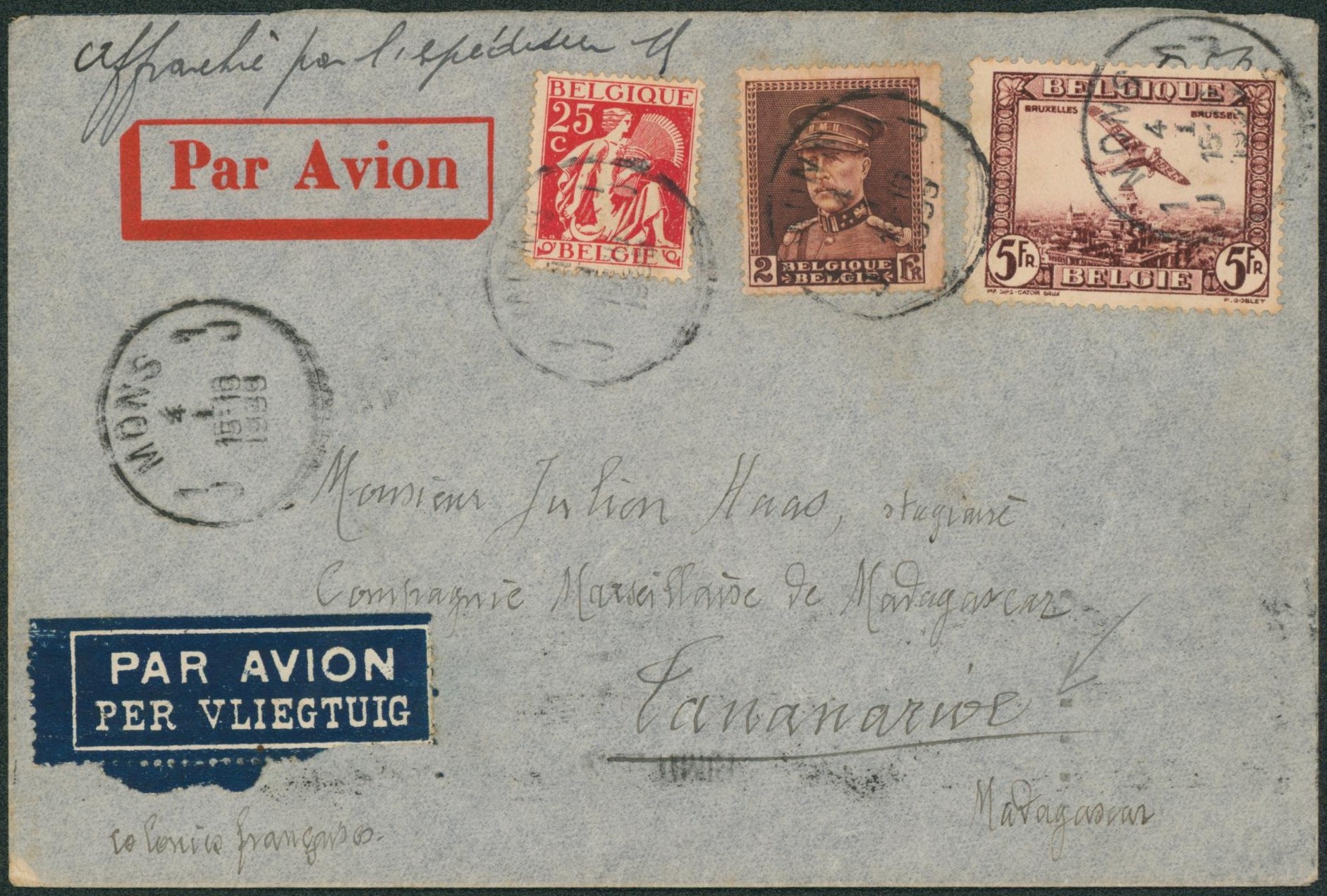 Affranch. Mixte sur lettre par avion de Mons > Tananarive (Madagascar). TB