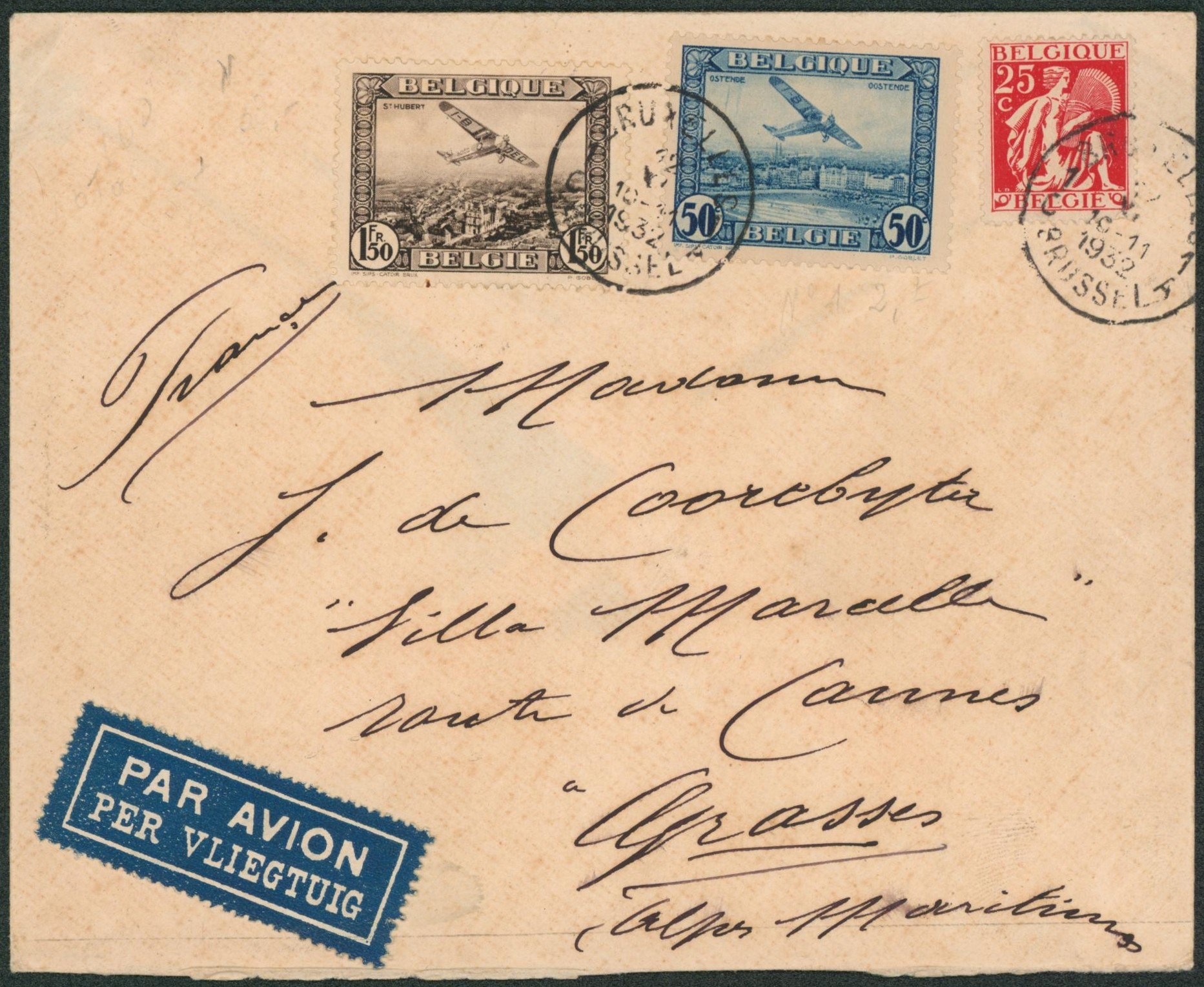 PA1, PA2 et 339 sur lettre par avion de Bruxelles > Grasse (France).