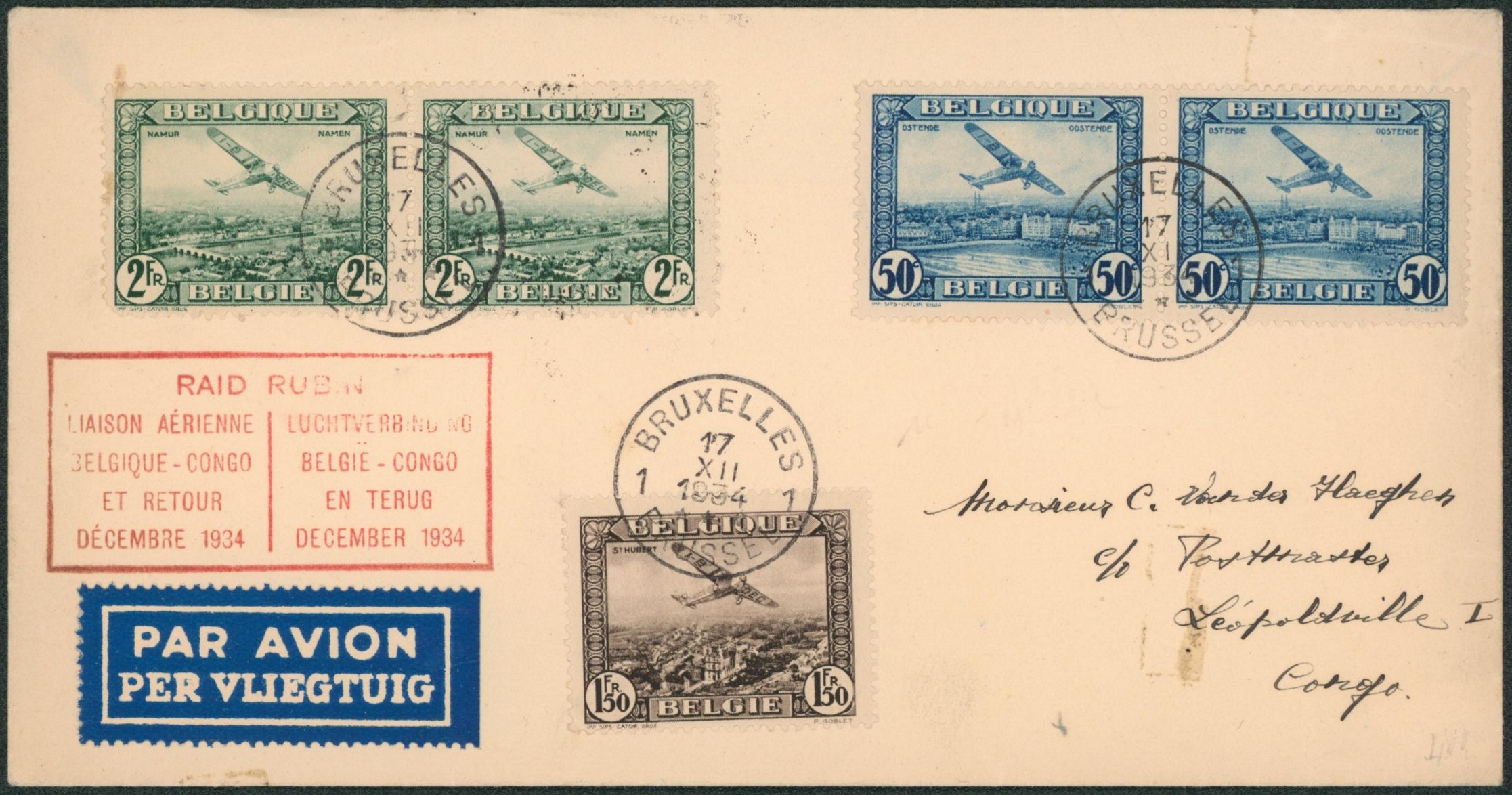 PA1 en paire, PA2 et PA3 en paire sur lettre par avion, raid rubin Belgique-Congo décembre 1934, çàd Bruxelles > Léopoldville