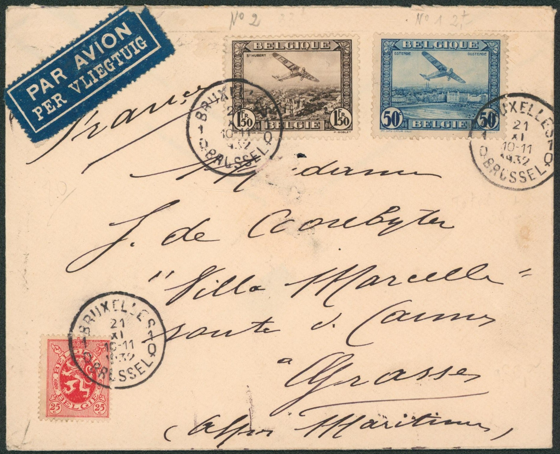 PA1, PA2 et 282 sur lettre par avion de Bruxelles > Grasse (France).