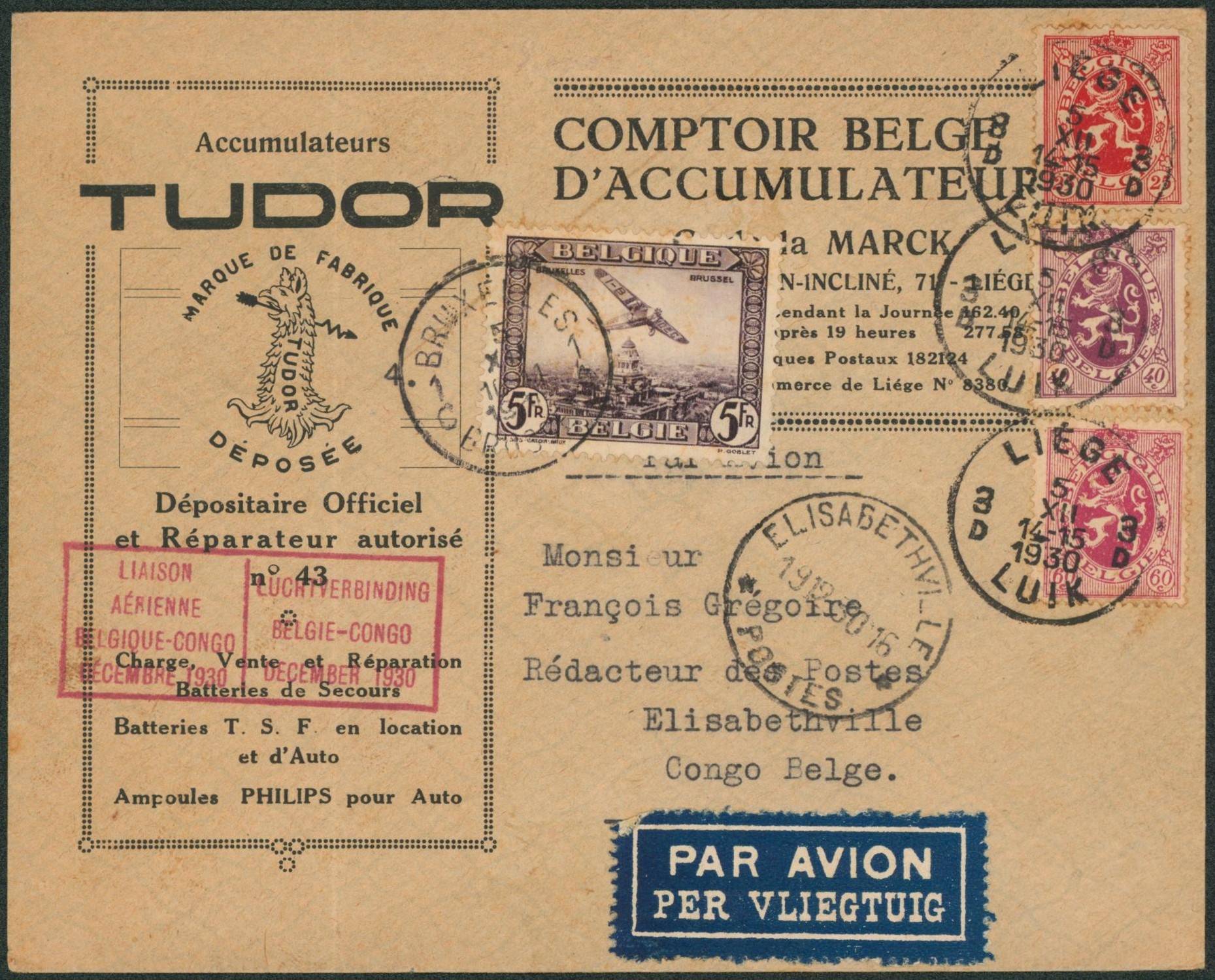 PA5, 282, 284 et 286 sur lettre illustrée (Tudor, lampes) par avion de Bruxelles > Elisabethville (Congo Belge). Étiquette TUDOR au verso