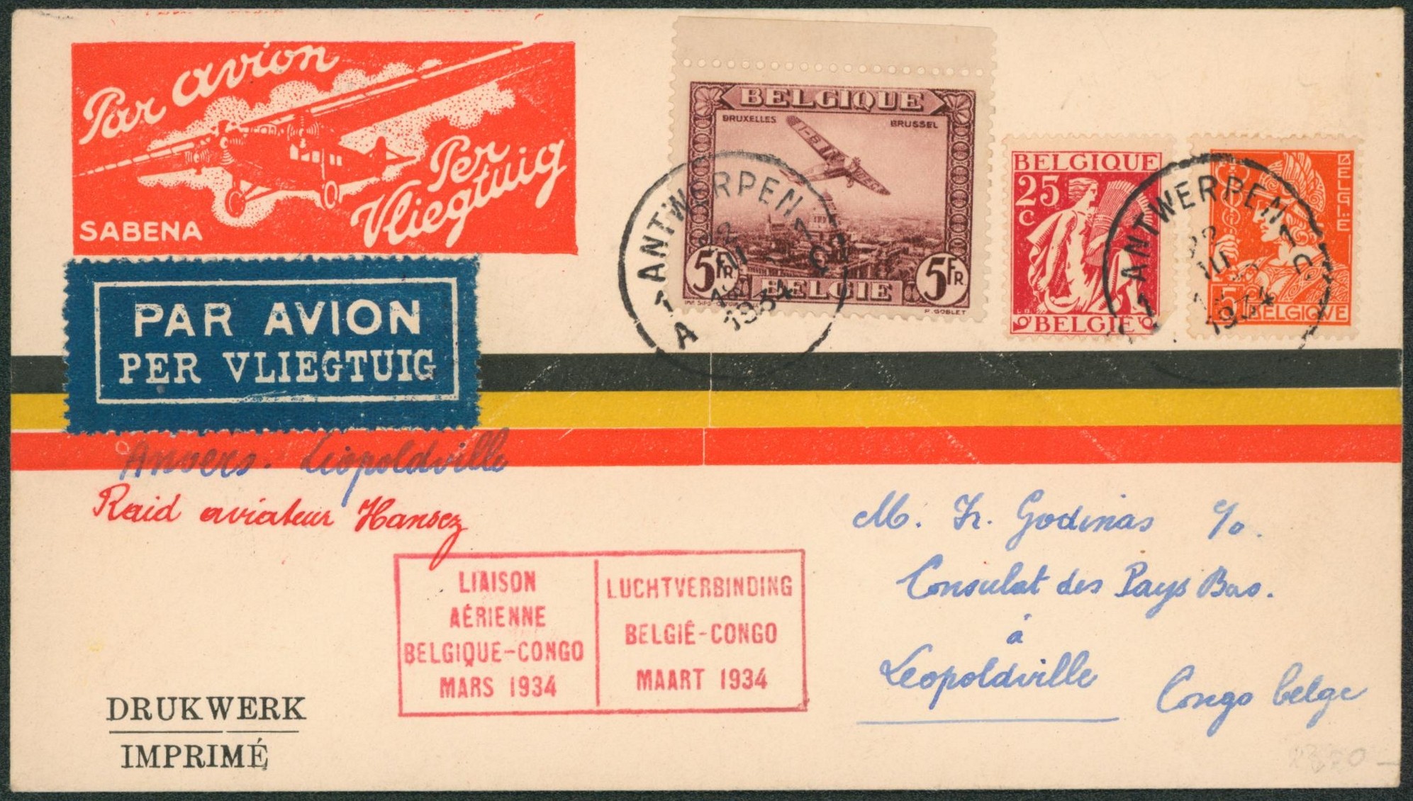 PA4, 336 et 339 sur lettre par avion (raid aviateur Hansez, SABENA) de Antwerpen > Léopoldville (Congo Belge).