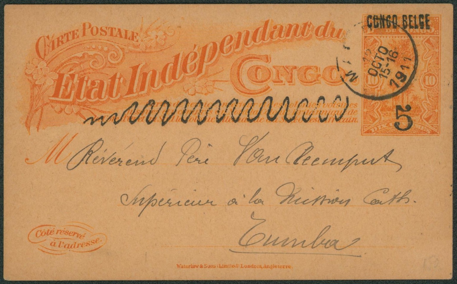 Congo Belge - EP au type 10ctm rouge Palmier surchargé "5 et Congo Belge" obl simple cercle "Matadi" > Tumba / Intérieur.