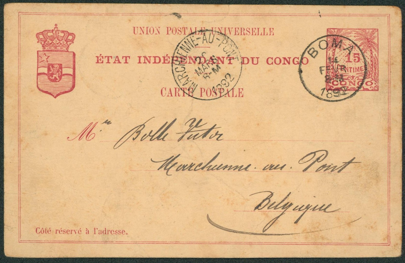 Congo Belge - Ep au type 15ctm expédié de Boma > Marchienne-au-pont.