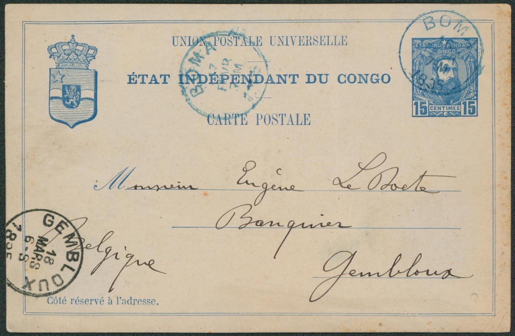 Congo Belge - EP au type 15ctm bleu Léopold II expédié de Boma > Gembloux. Verso état -